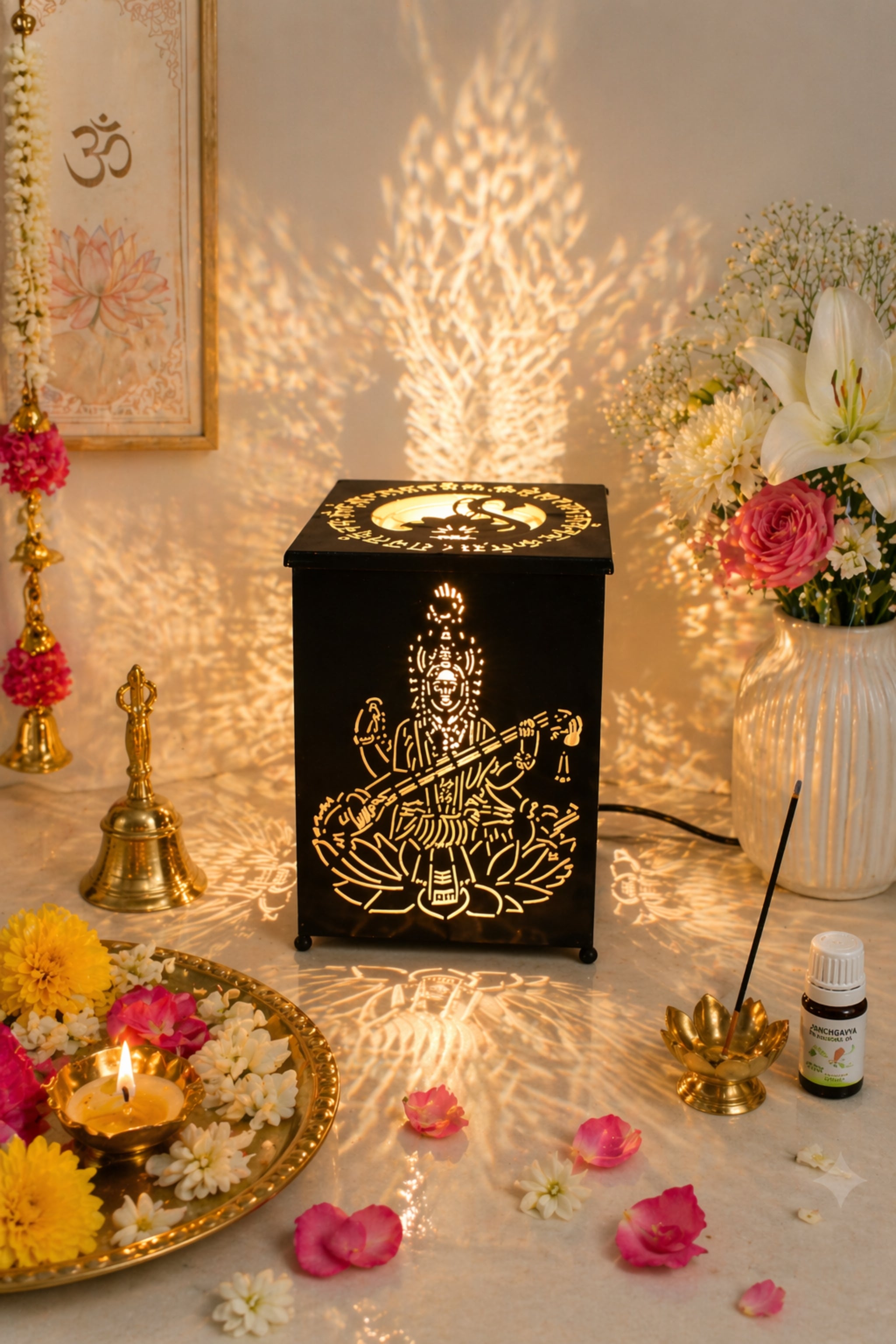 Maa Saraswati LED Shadow Lamp with Cutwork Design | Decorative Spiritual Night Light for Temple, Pooja Room & Home Decor | Metal Lamp for Vasant Panchami, Diwali & Religious Gifting