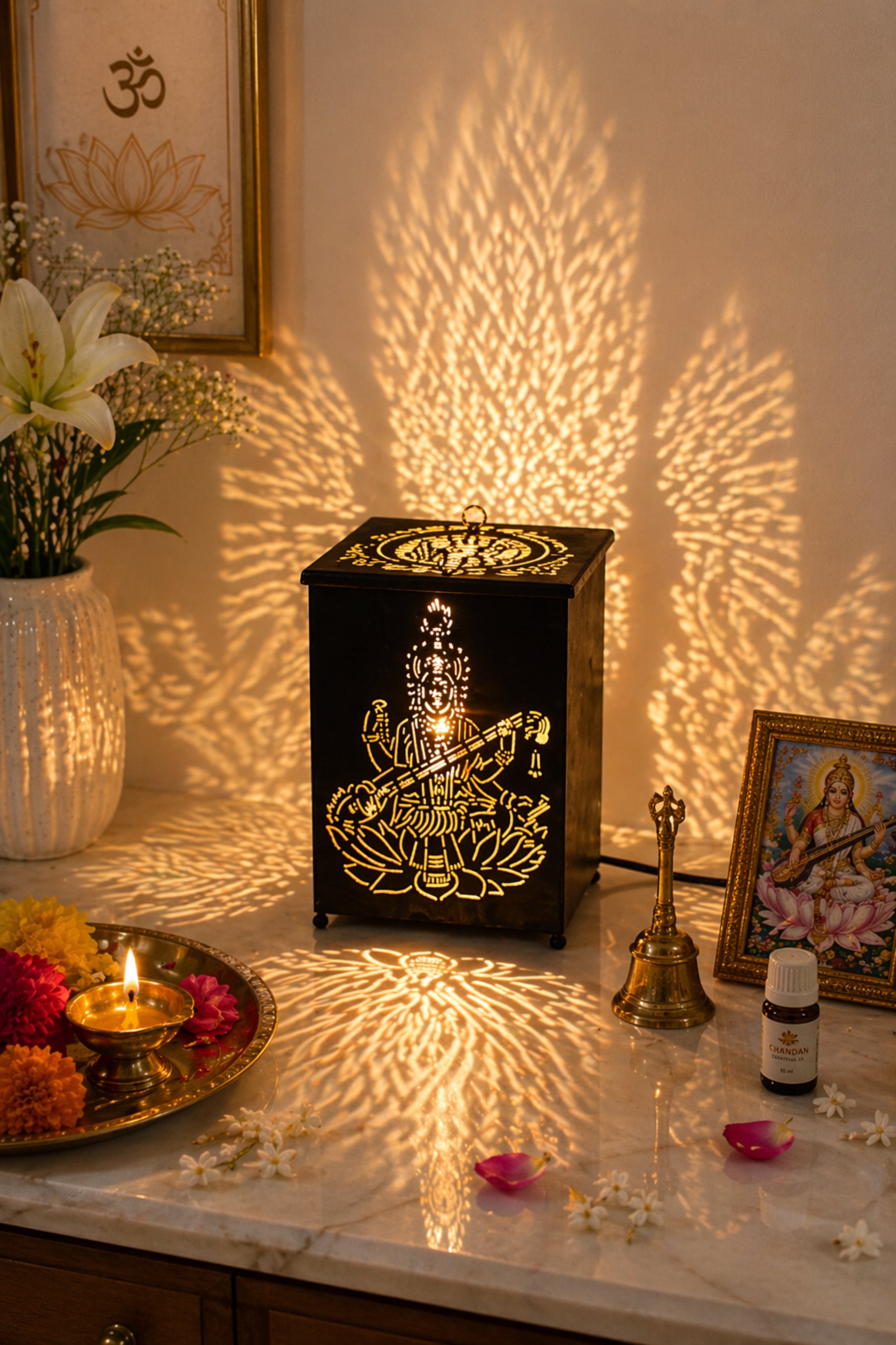 Maa Saraswati LED Shadow Lamp with Cutwork Design | Decorative Spiritual Night Light for Temple, Pooja Room & Home Decor | Metal Lamp for Vasant Panchami, Diwali & Religious Gifting