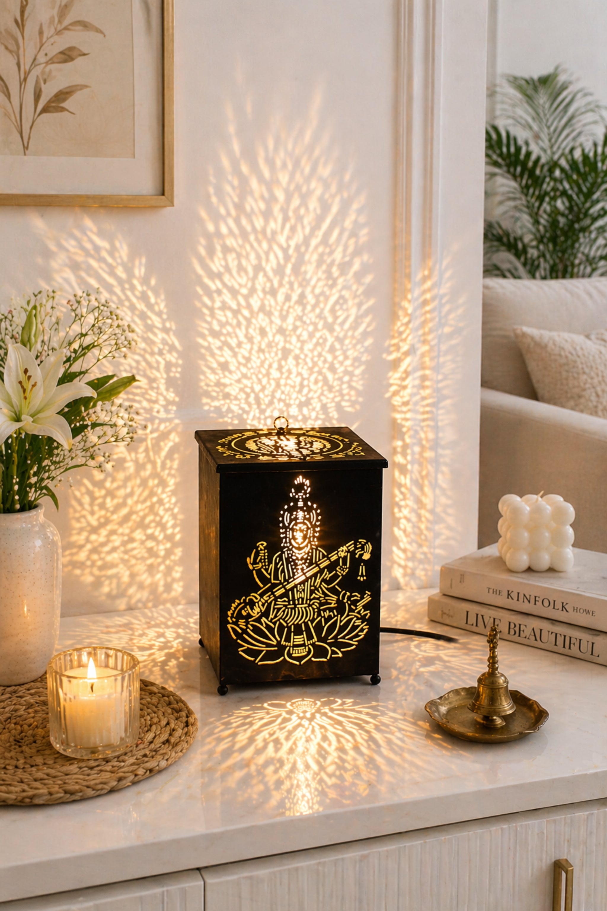 Maa Saraswati LED Shadow Lamp with Cutwork Design | Decorative Spiritual Night Light for Temple, Pooja Room & Home Decor | Metal Lamp for Vasant Panchami, Diwali & Religious Gifting