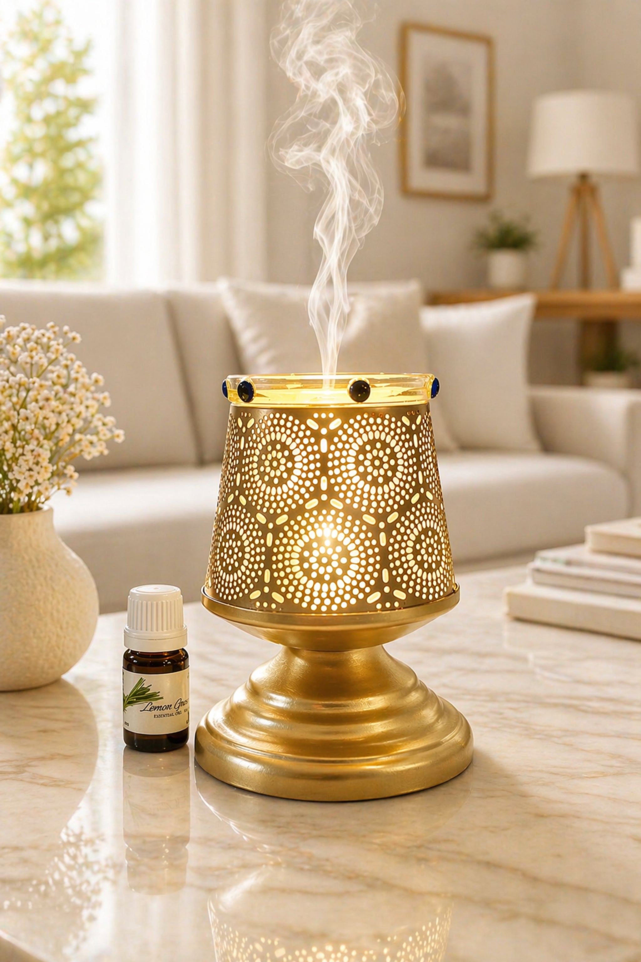 Premium Metal Aroma Diffuser Lamp with Glass Bowl | Elegant Cutwork Electric Oil Burner | Warm Ambient Light Aromatherapy Diffuser | Decorative Fragrance Lamp for Home & Gifting
