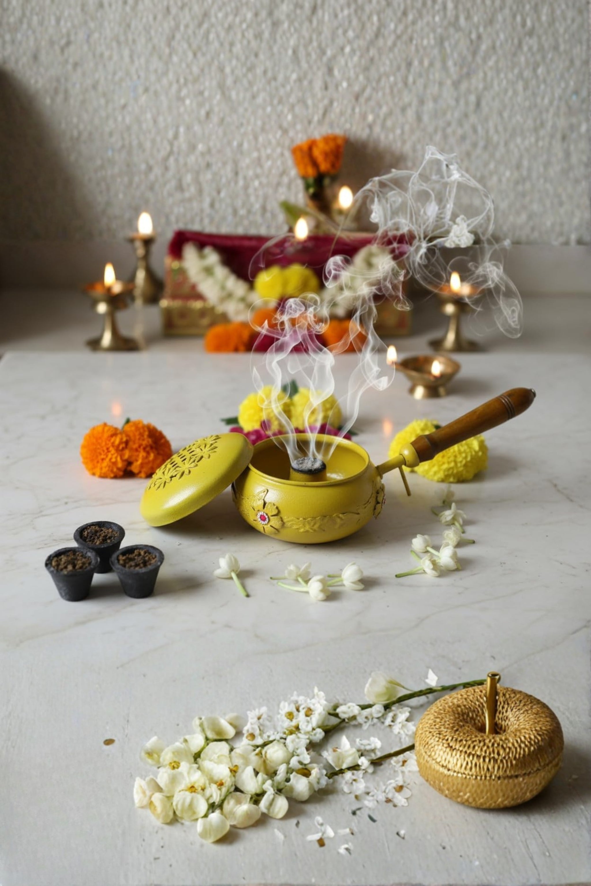 Metal Dhoop Dani with Wooden Handle for Pooja, Loban & Havan | Covered Incense Burner for Agarbatti, Camphor & Sambrani | Home Temple Decor, Vastu & Festive Gift Item
