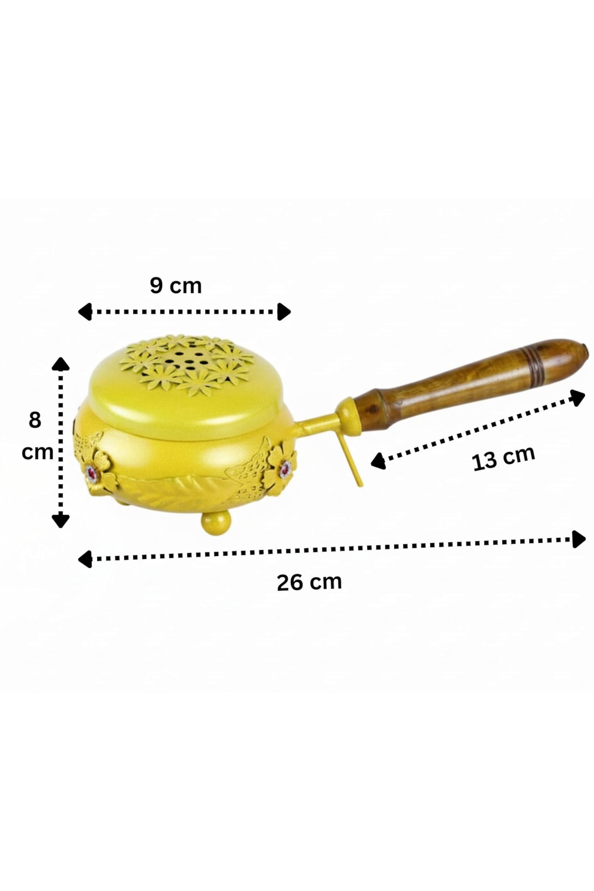 Metal Dhoop Dani with Wooden Handle for Pooja, Loban & Havan | Covered Incense Burner for Agarbatti, Camphor & Sambrani | Home Temple Decor, Vastu & Festive Gift Item