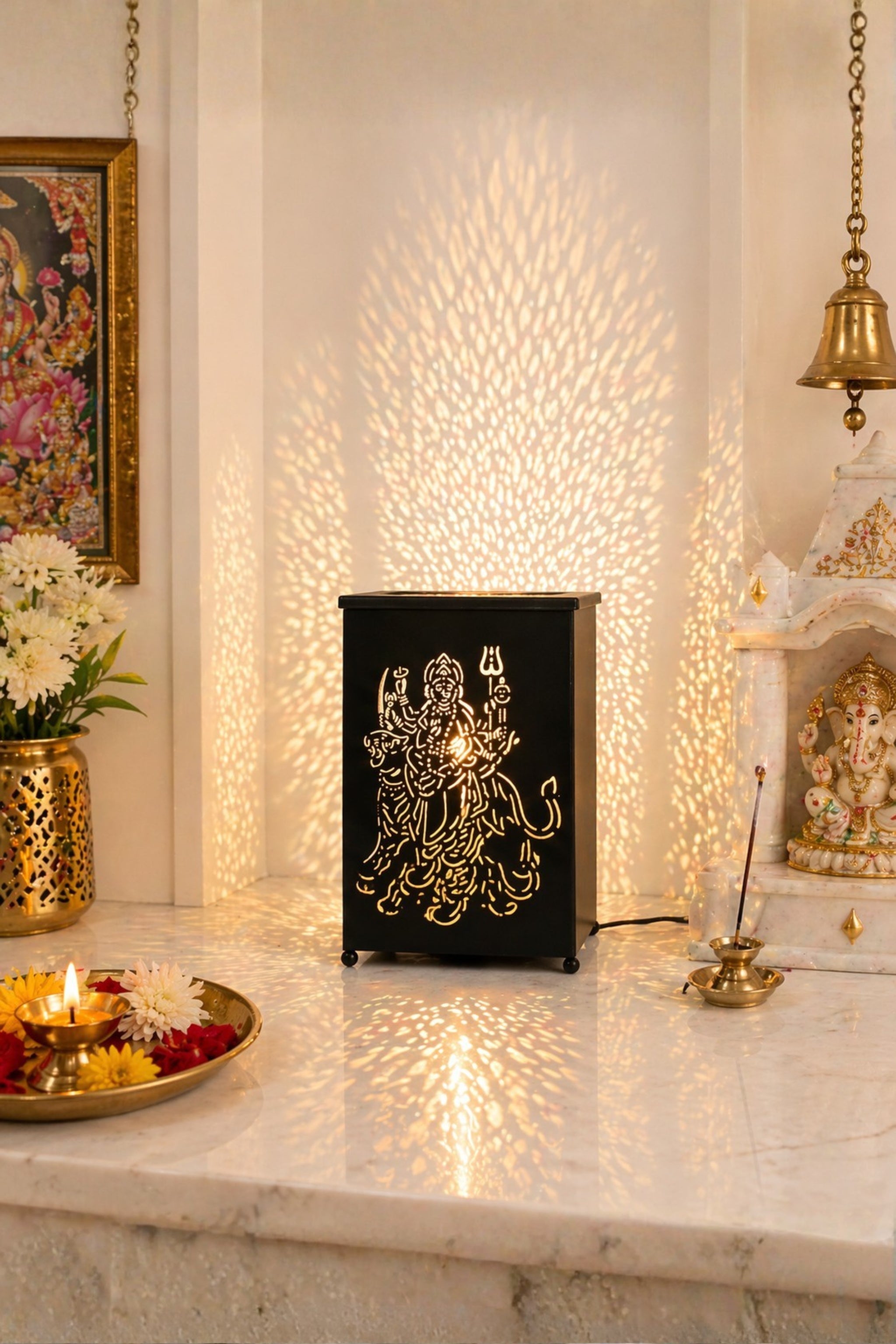 Maa Durga LED Shadow Lamp with Cutwork Design | Decorative Spiritual Night Light for Temple, Pooja Room & Home Decor | Metal Lamp for Navratri, Diwali & Religious Gifting