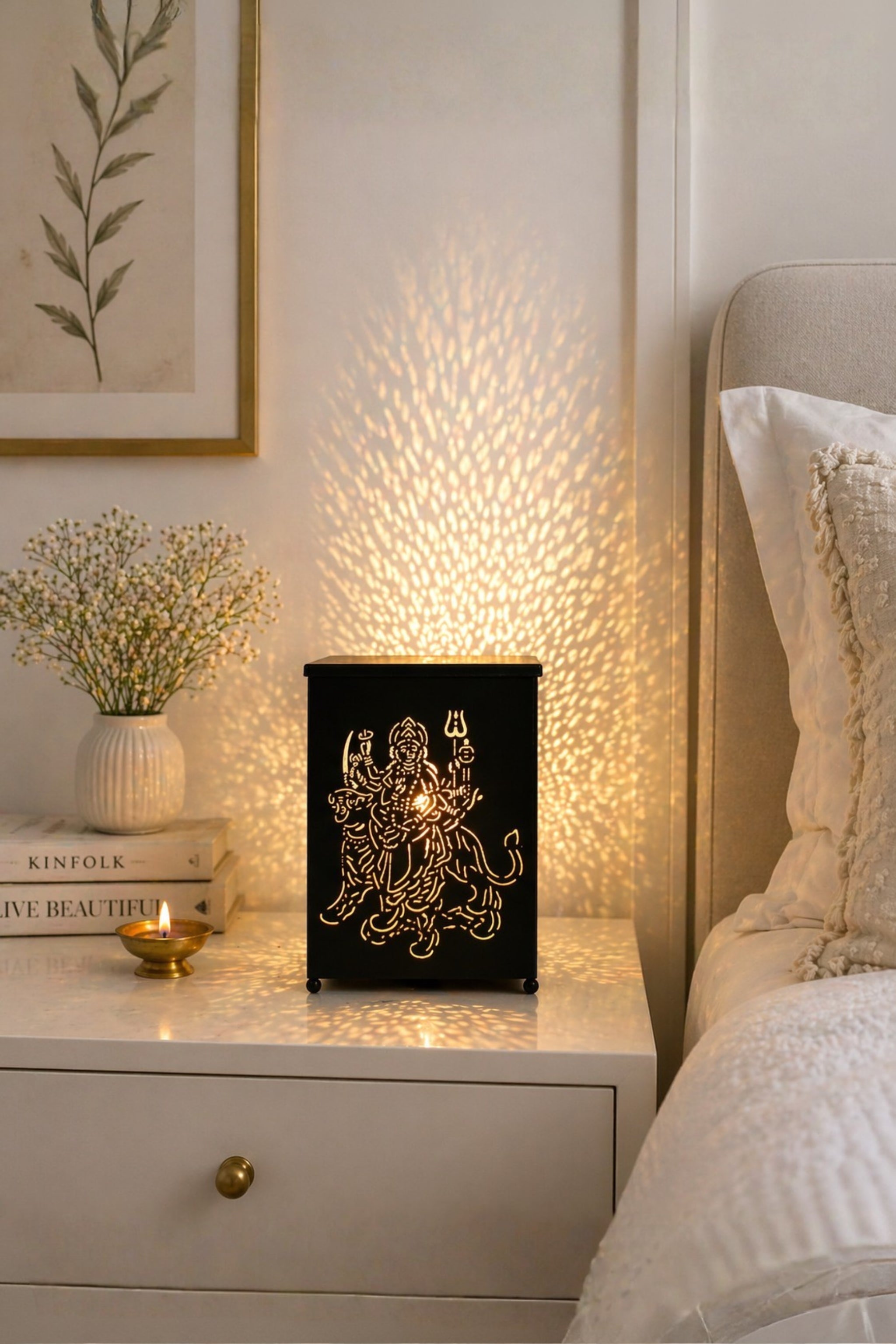 Maa Durga LED Shadow Lamp with Cutwork Design | Decorative Spiritual Night Light for Temple, Pooja Room & Home Decor | Metal Lamp for Navratri, Diwali & Religious Gifting