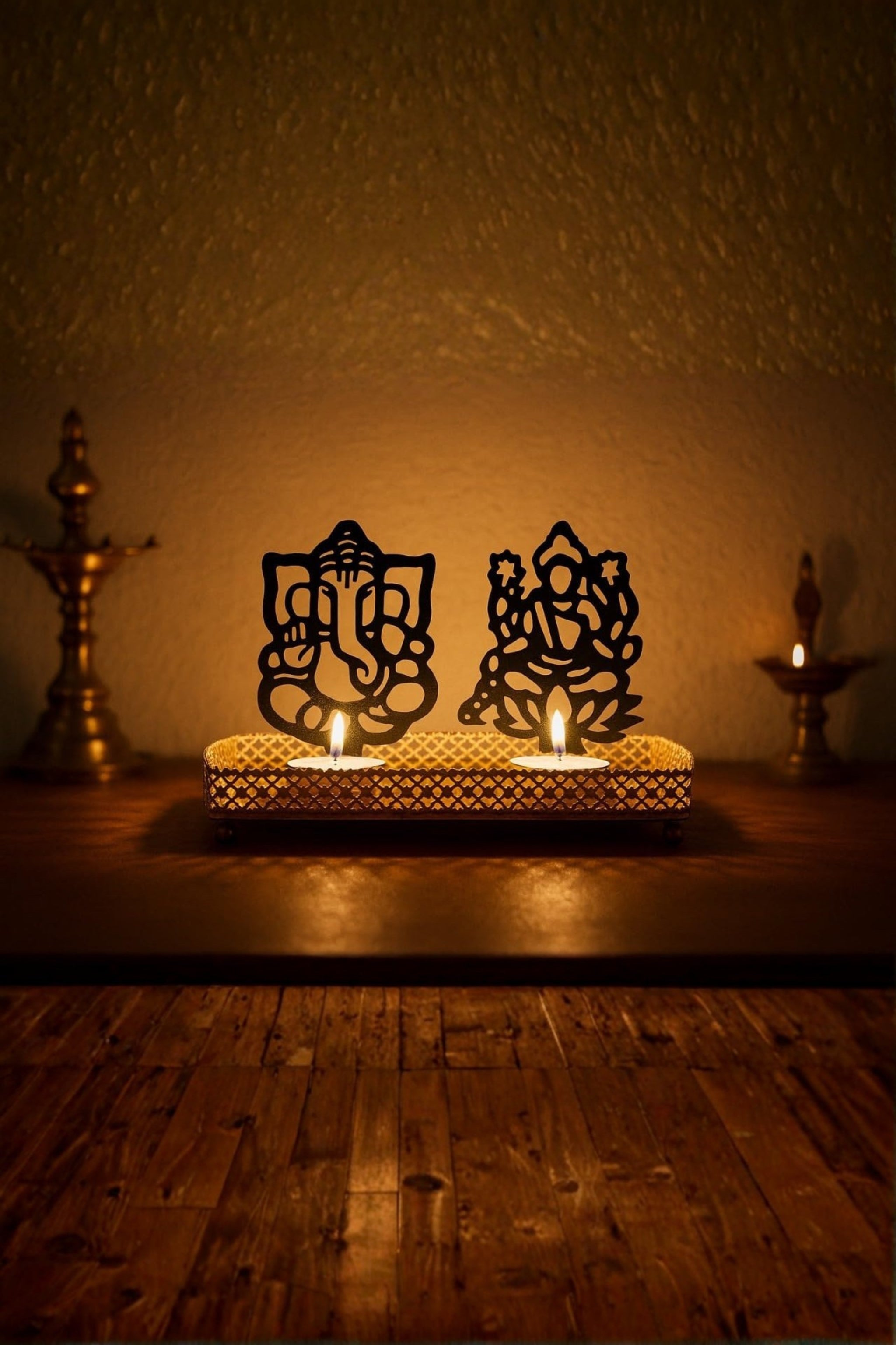 Ganesha & Lakshmi Shadow Diya Set | Metal Tealight Holder with Spiritual Light Projection for Pooja & Festive Décor