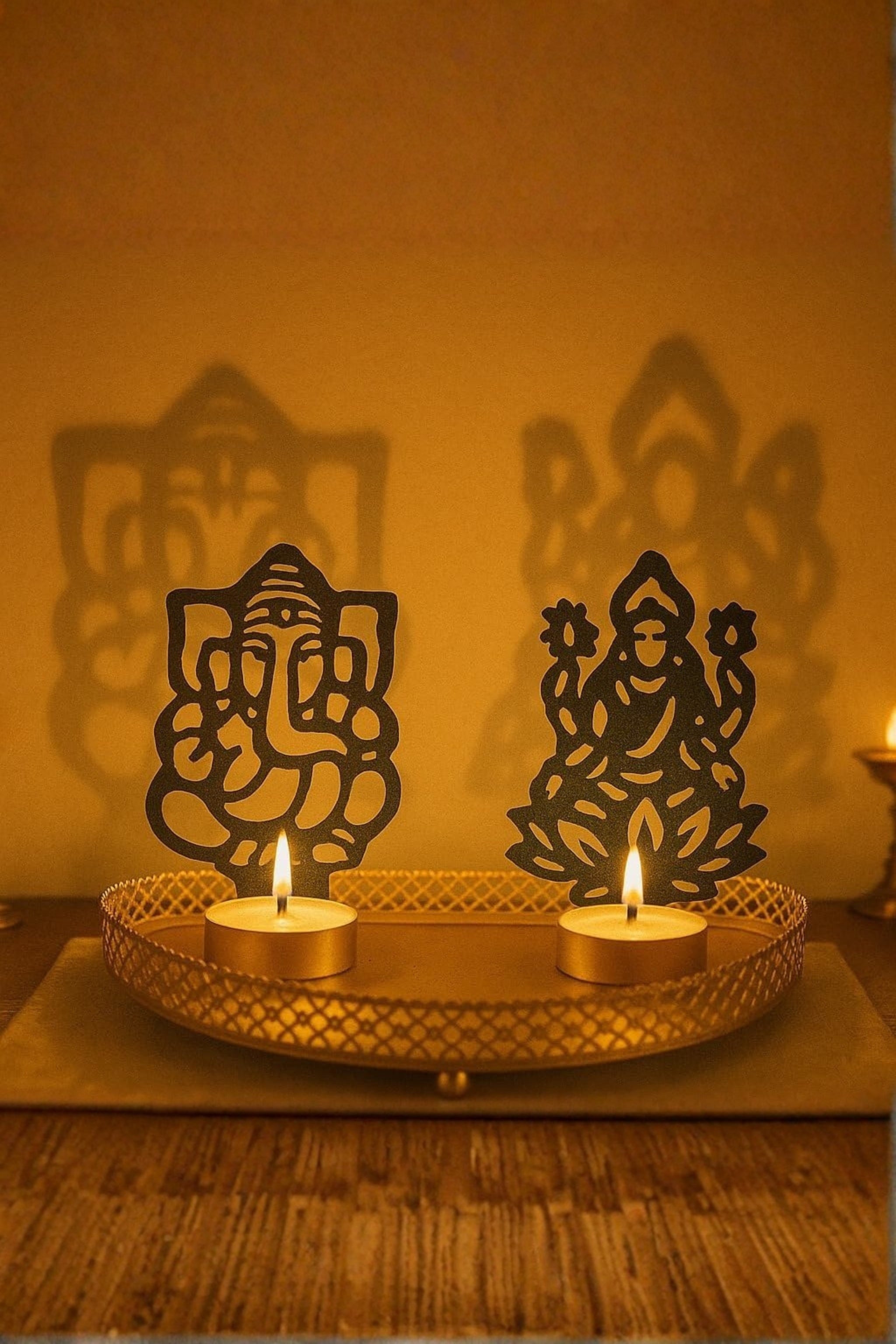 Ganesha & Lakshmi Shadow Diya Set | Metal Tealight Holder with Spiritual Light Projection for Pooja & Festive Décor