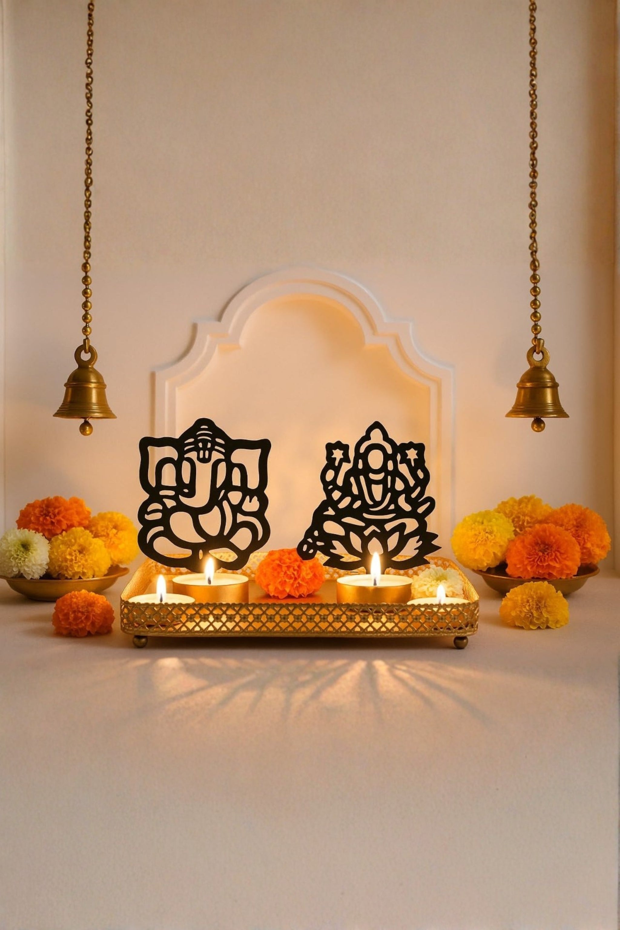 Ganesha & Lakshmi Shadow Diya Set | Metal Tealight Holder with Spiritual Light Projection for Pooja & Festive Décor