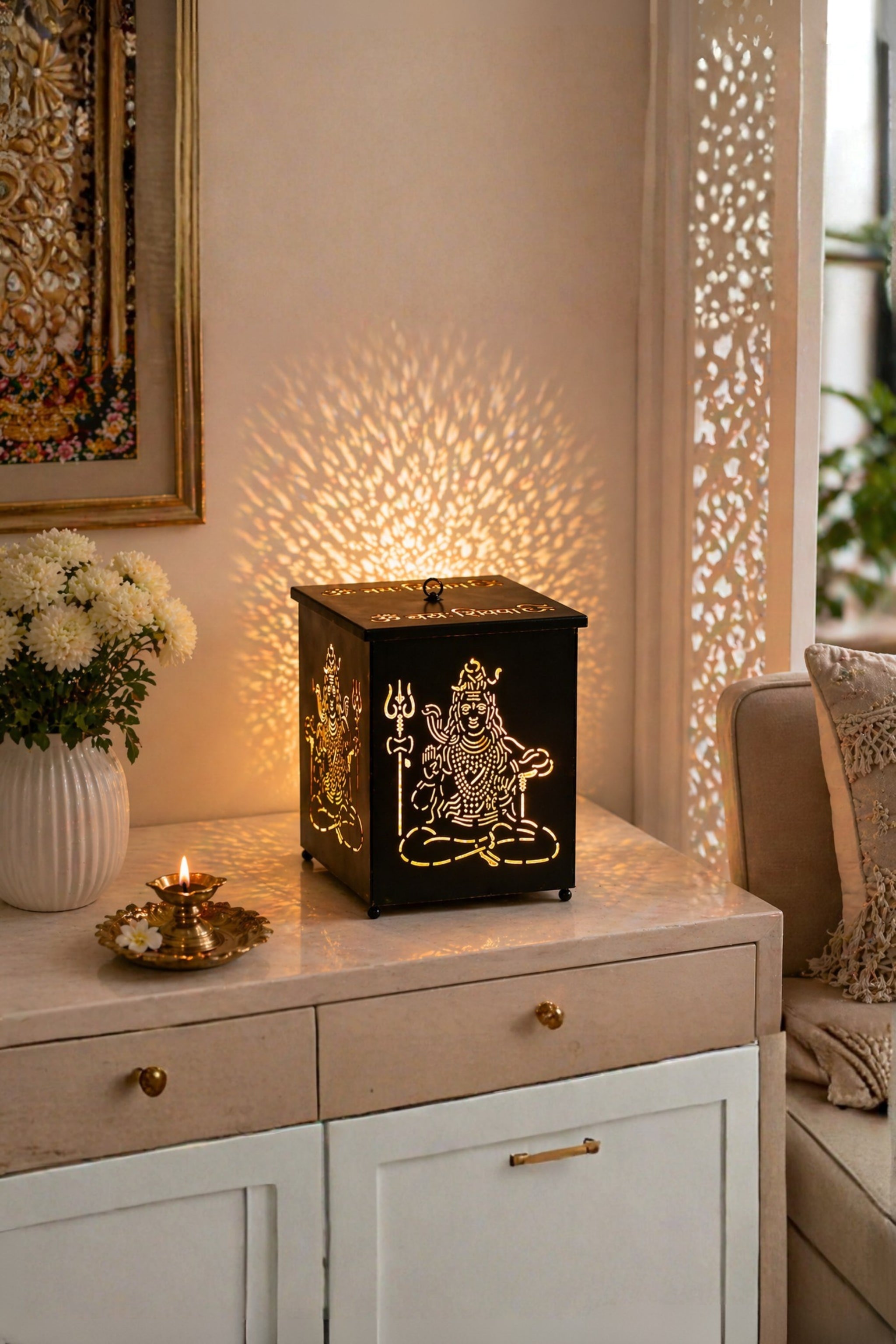 Lord Shiva LED Shadow Lamp with Om Namah Shivay Cutwork Design | Spiritual Night Light for Temple, Pooja Room & Home Decor | Metal Lamp for Diwali, Meditation & Gifting
