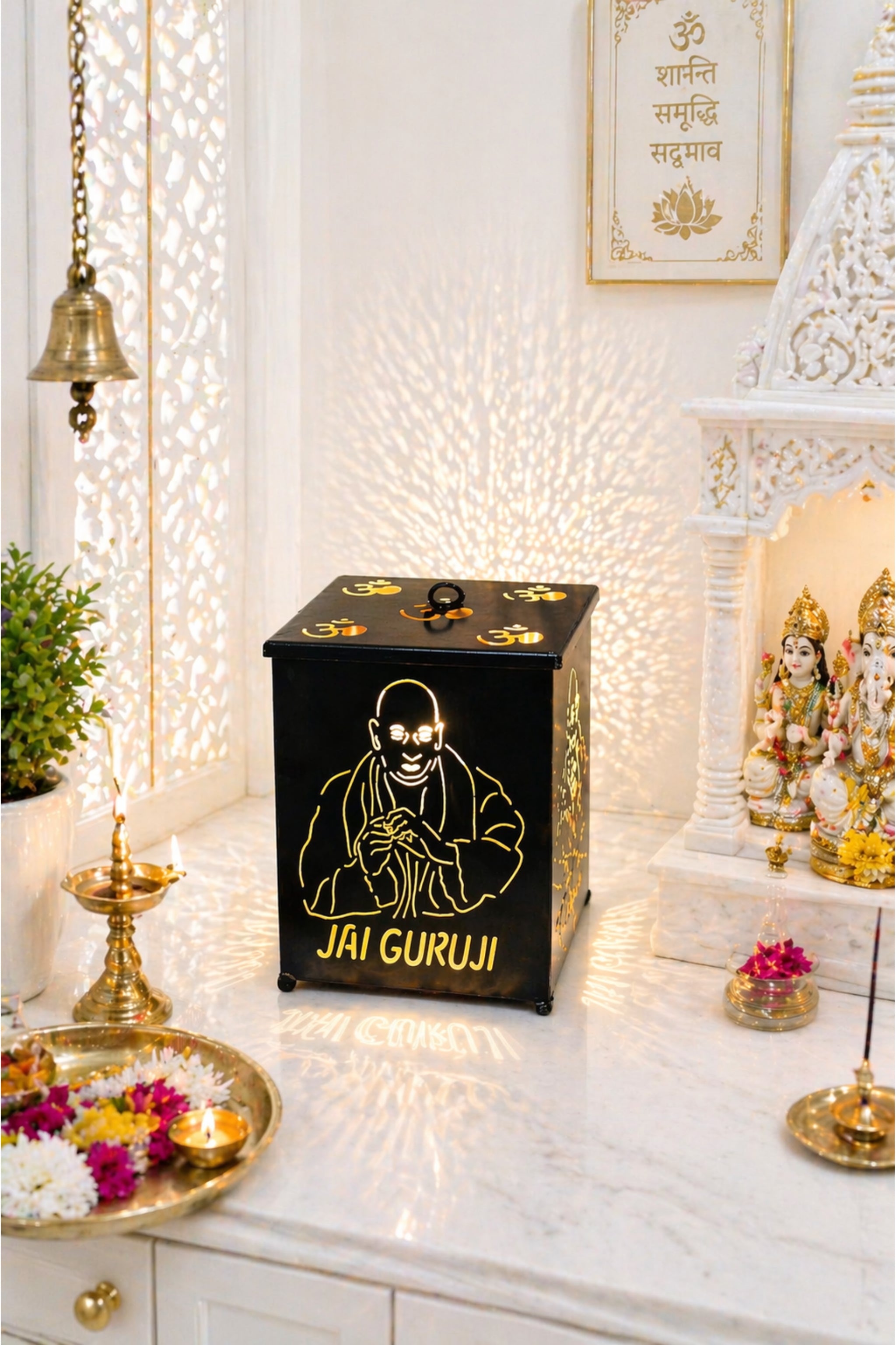 Jai Guruji LED Decorative Lamp with Om Cutwork Design | Spiritual Night Light for Temple, Pooja Room & Home Decor | Shadow Lamp for Diwali, Meditation & Religious Gifting