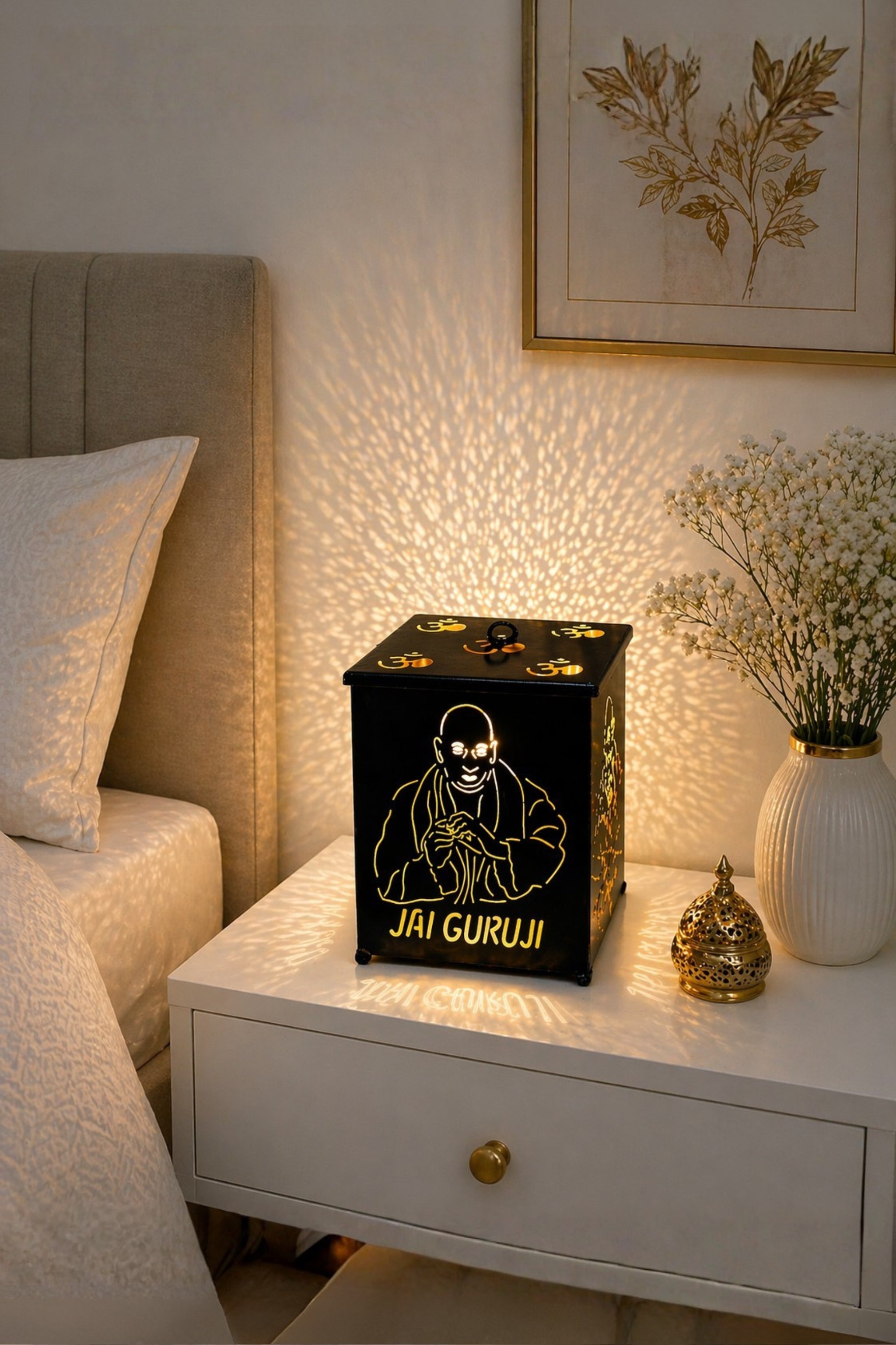 Jai Guruji LED Decorative Lamp with Om Cutwork Design | Spiritual Night Light for Temple, Pooja Room & Home Decor | Shadow Lamp for Diwali, Meditation & Religious Gifting