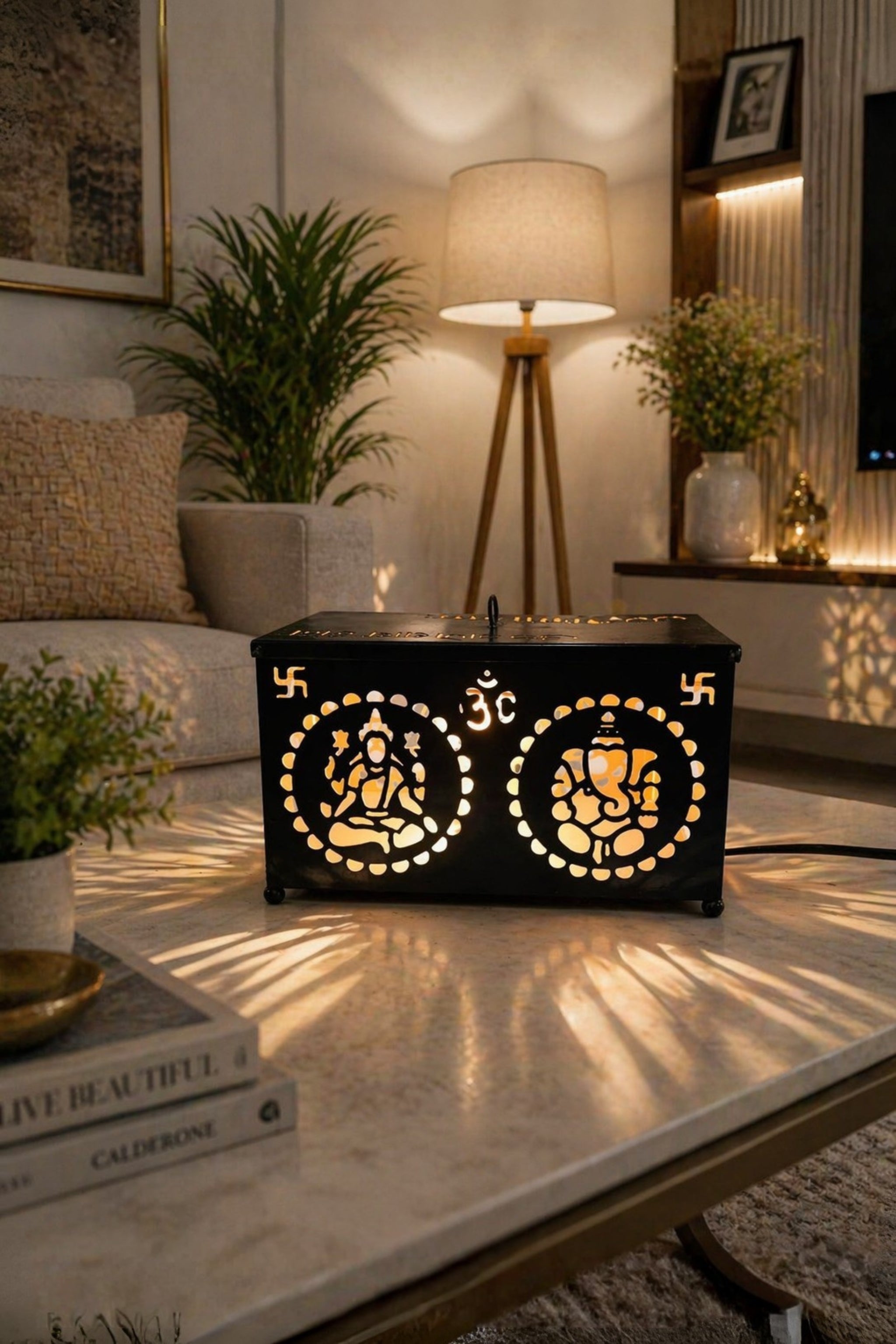 Black Metal LED Lamp with Ganesh & Om Cutwork Design | Decorative Spiritual Night Lamp for Bedroom, Living Room, Temple Décor, Diwali Lighting & Festive Gifting