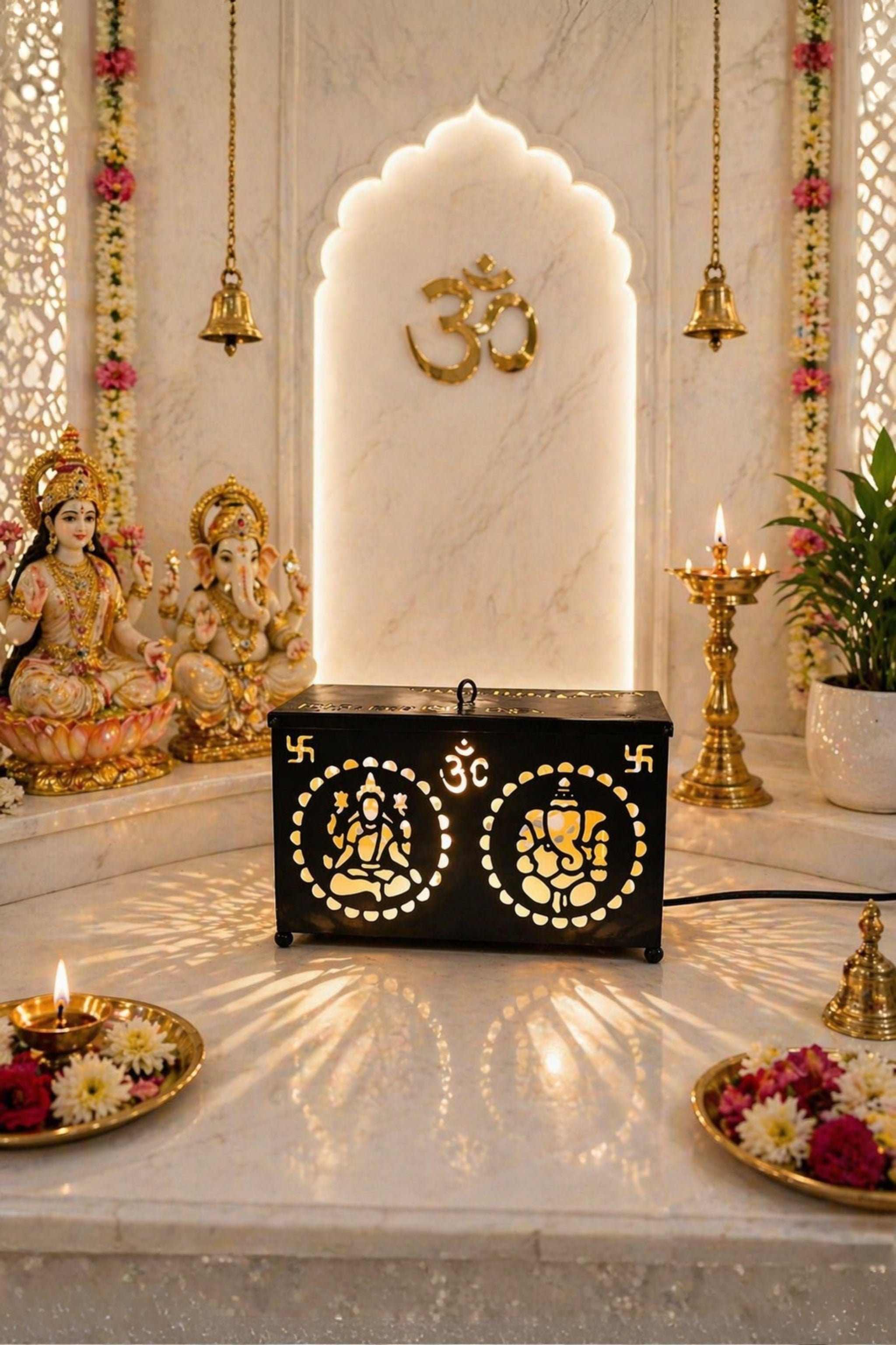 Black Metal LED Lamp with Ganesh & Om Cutwork Design | Decorative Spiritual Night Lamp for Bedroom, Living Room, Temple Décor, Diwali Lighting & Festive Gifting