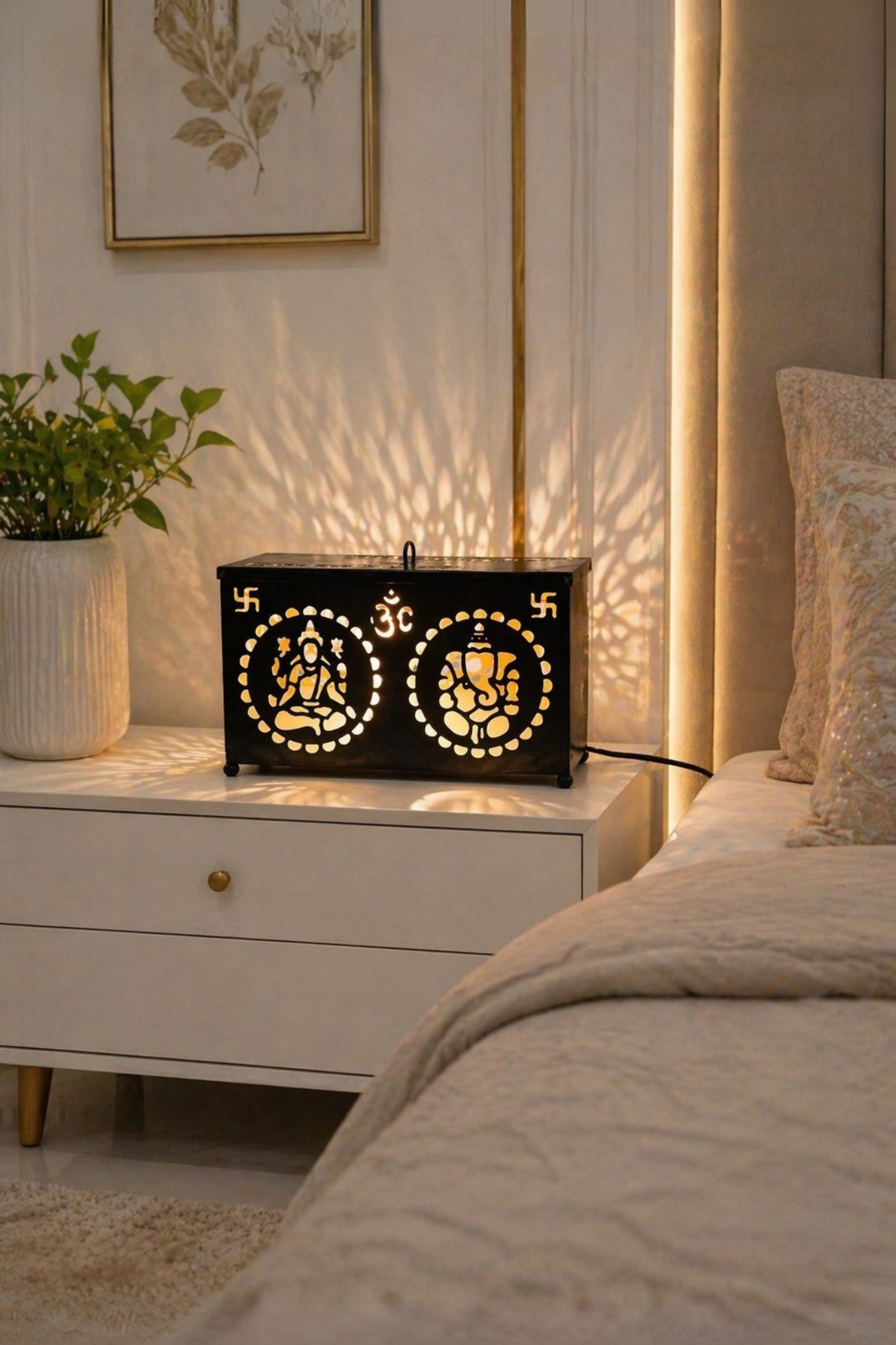 Black Metal LED Lamp with Ganesh & Om Cutwork Design | Decorative Spiritual Night Lamp for Bedroom, Living Room, Temple Décor, Diwali Lighting & Festive Gifting