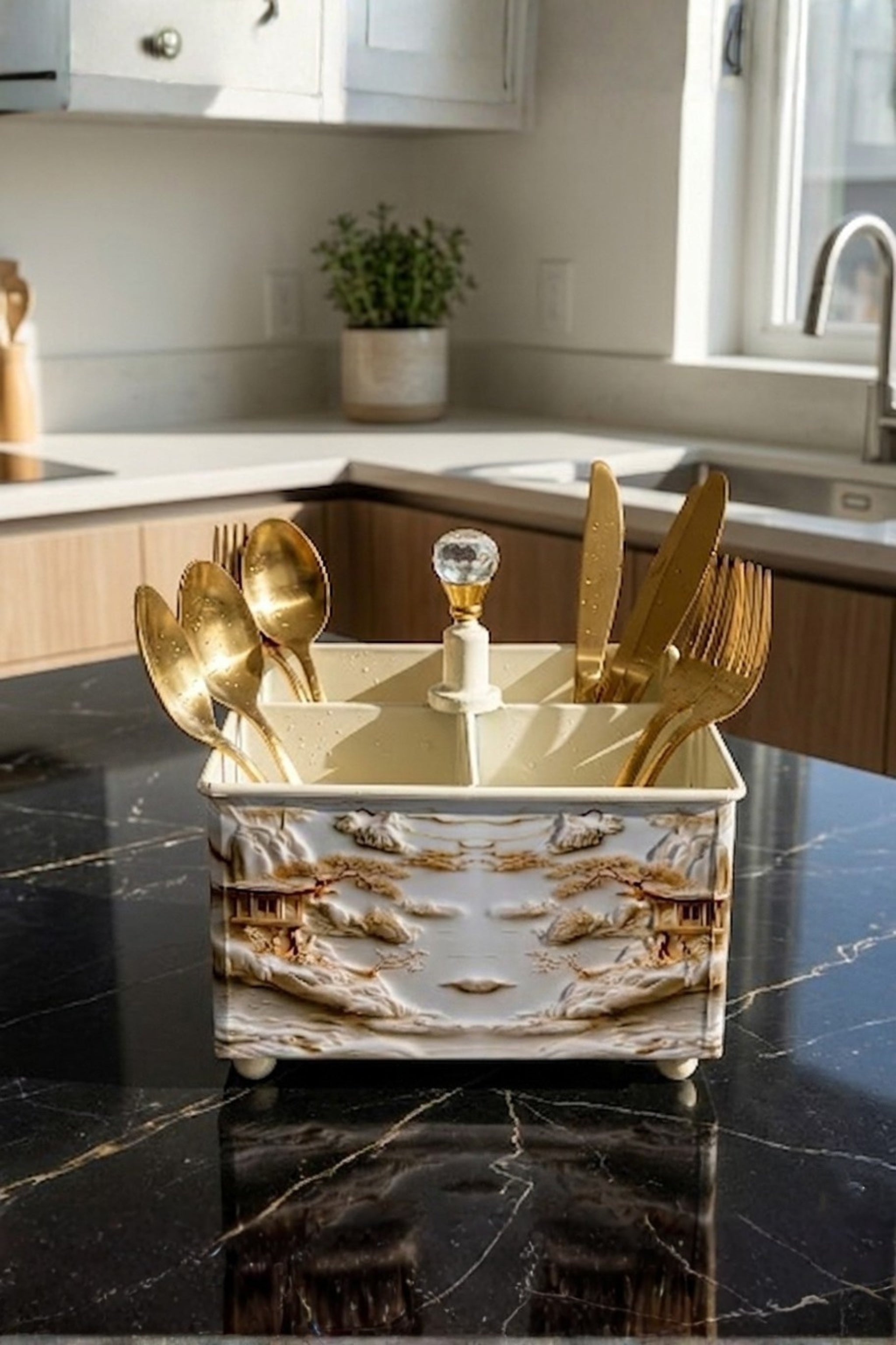 Premium Metal Cutlery & Napkin Holder | Designer Printed Galvanized Organizer with Dual Compartments | Spoon, Fork, Knife & Tissue Stand for Dining Table & Kitchen Use