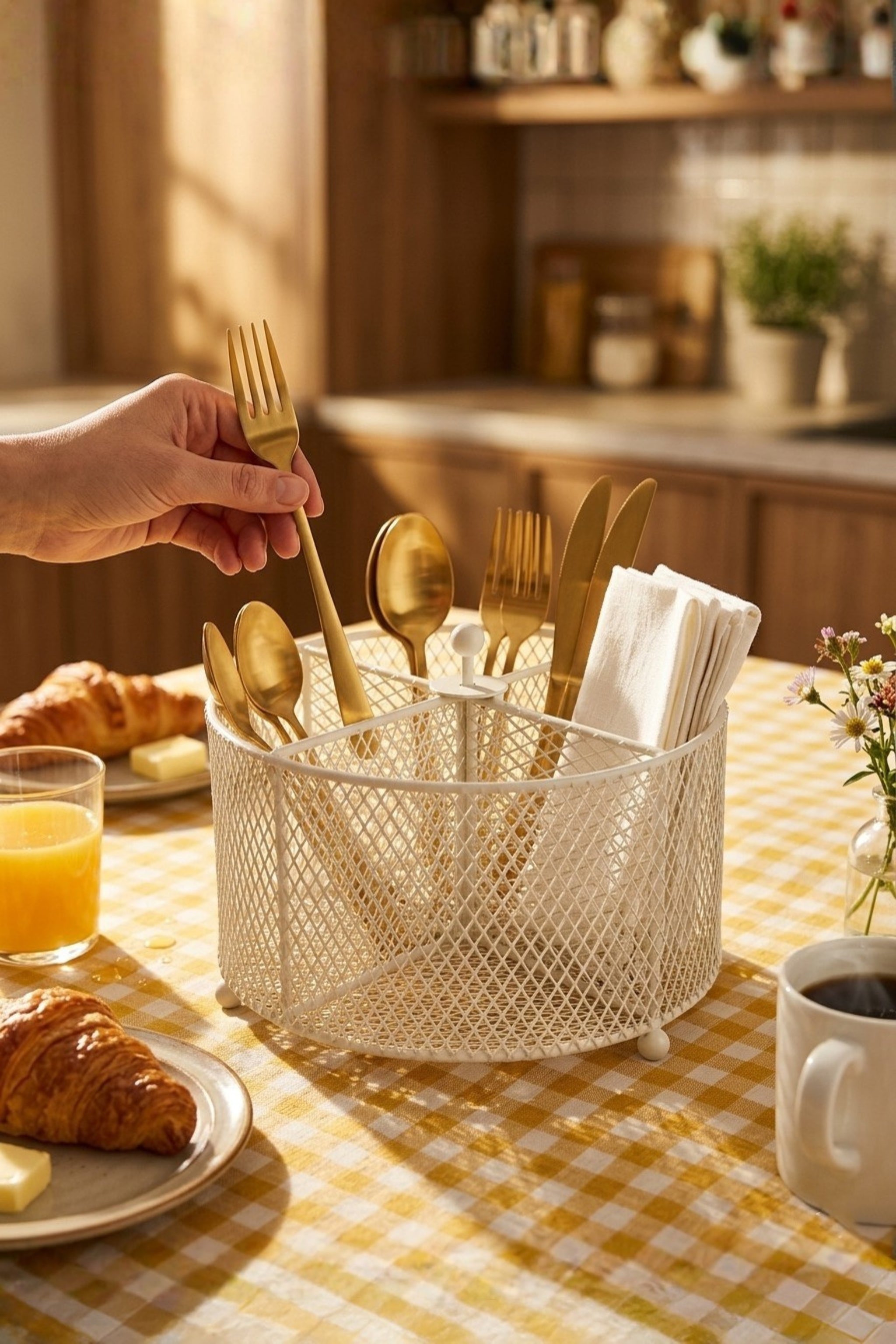 Premium Metal Cutlery Holder with Handle | 4 Compartment Utensil Caddy Basket Organizer | Portable Spoon, Fork, Knife & Napkin Stand for Kitchen, Dining Table & Home Storage