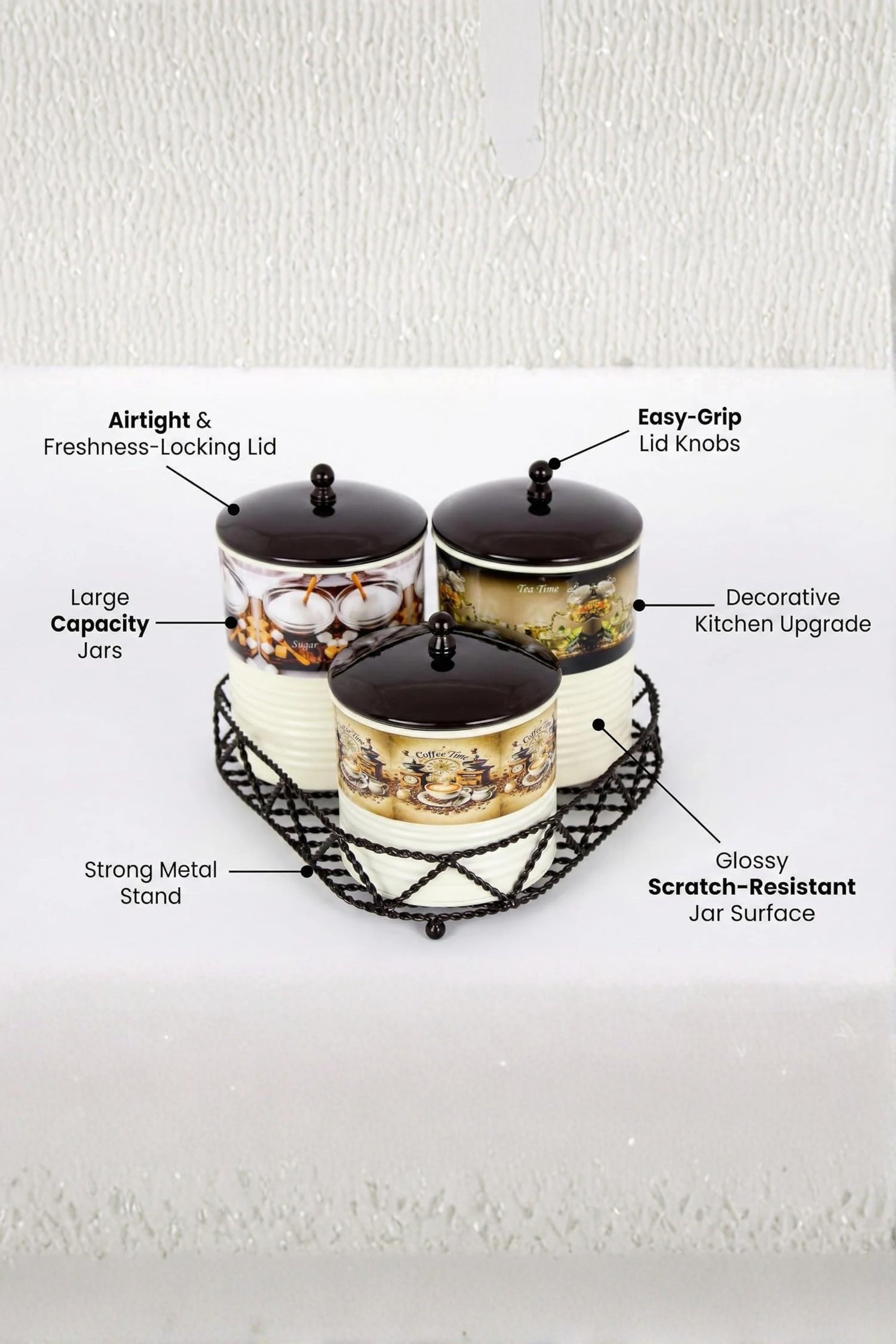 Premium Metal Tea Coffee Sugar Container Set of 3 with Stand Holder | Printed Cream Finish Airtight Kitchen Storage Jars | Luxury Organizer for Home & Kitchen