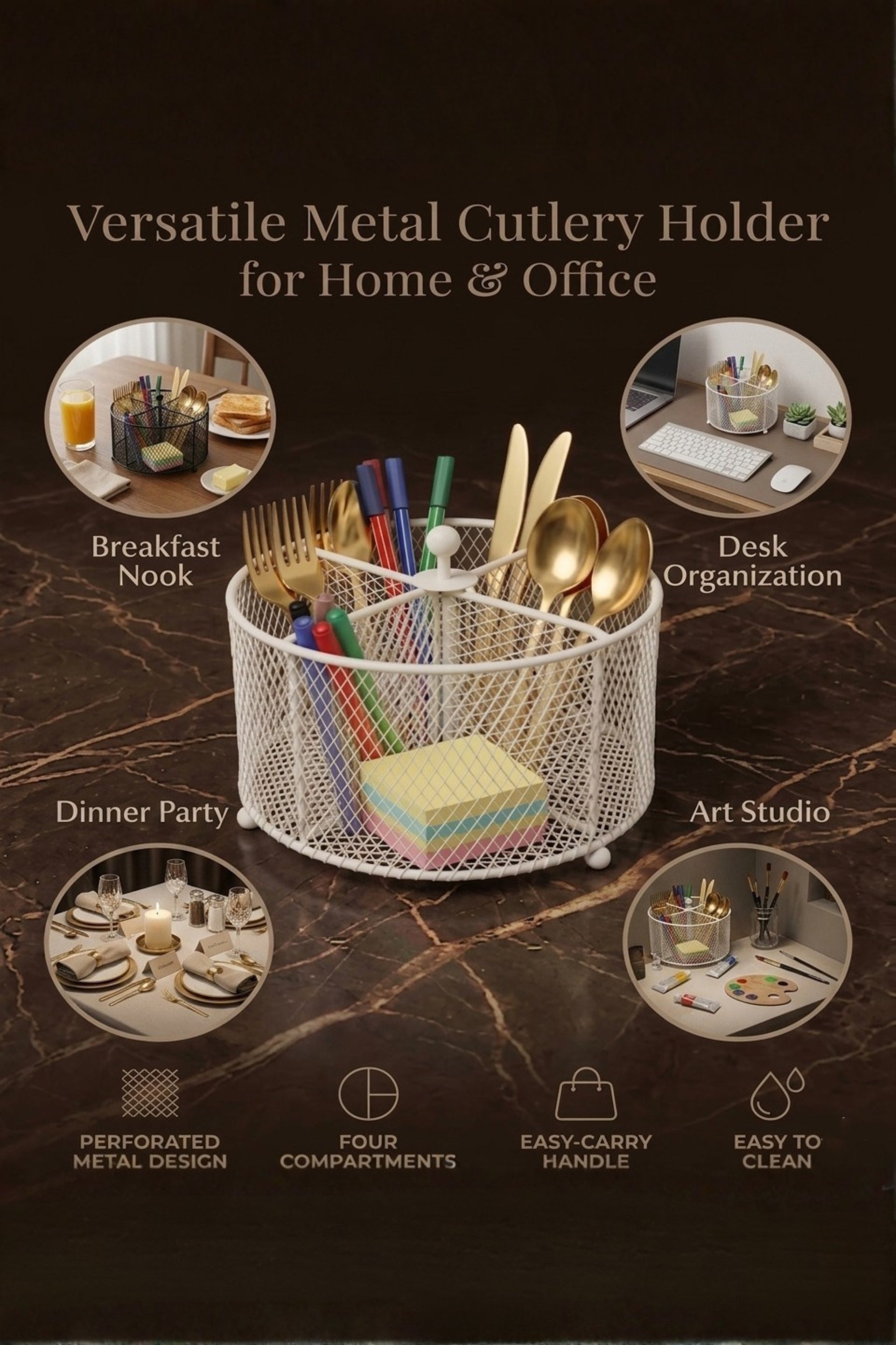Premium Metal Cutlery Holder with Handle | 4 Compartment Utensil Caddy Basket Organizer | Portable Spoon, Fork, Knife & Napkin Stand for Kitchen, Dining Table & Home Storage