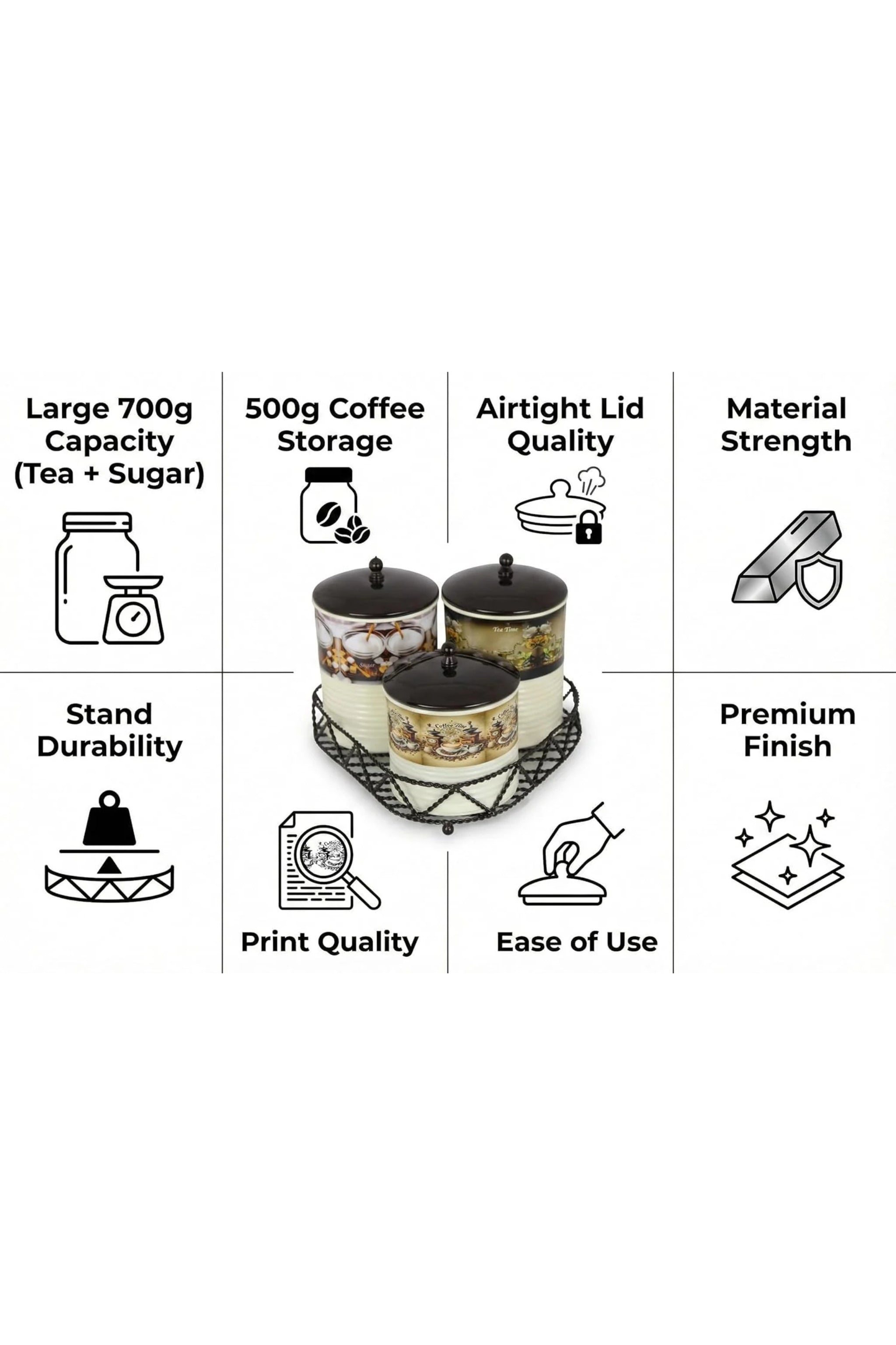 Premium Metal Tea Coffee Sugar Container Set of 3 with Stand Holder | Printed Cream Finish Airtight Kitchen Storage Jars | Luxury Organizer for Home & Kitchen