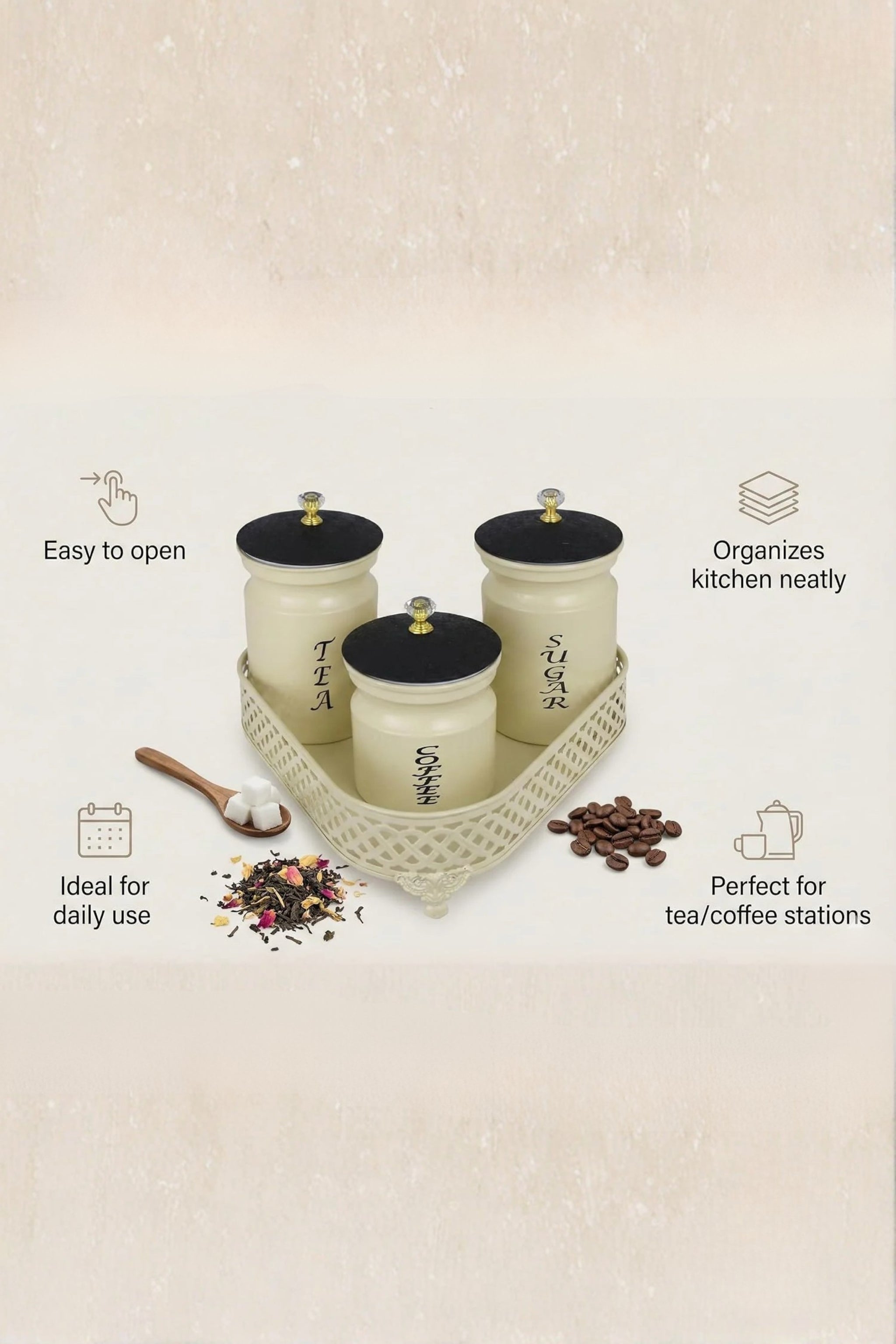 Premium Metal Tea Coffee Sugar Container Set of 3 with Stand Holder | Cream Finish Airtight Kitchen Storage Jars | Luxury Organizer for Home & Kitchen