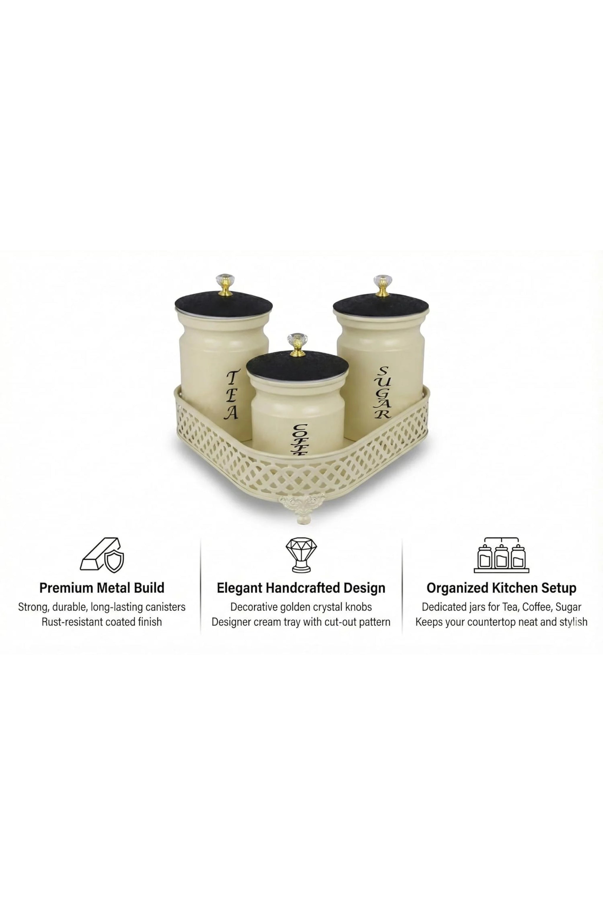 Premium Metal Tea Coffee Sugar Container Set of 3 with Stand Holder | Cream Finish Airtight Kitchen Storage Jars | Luxury Organizer for Home & Kitchen