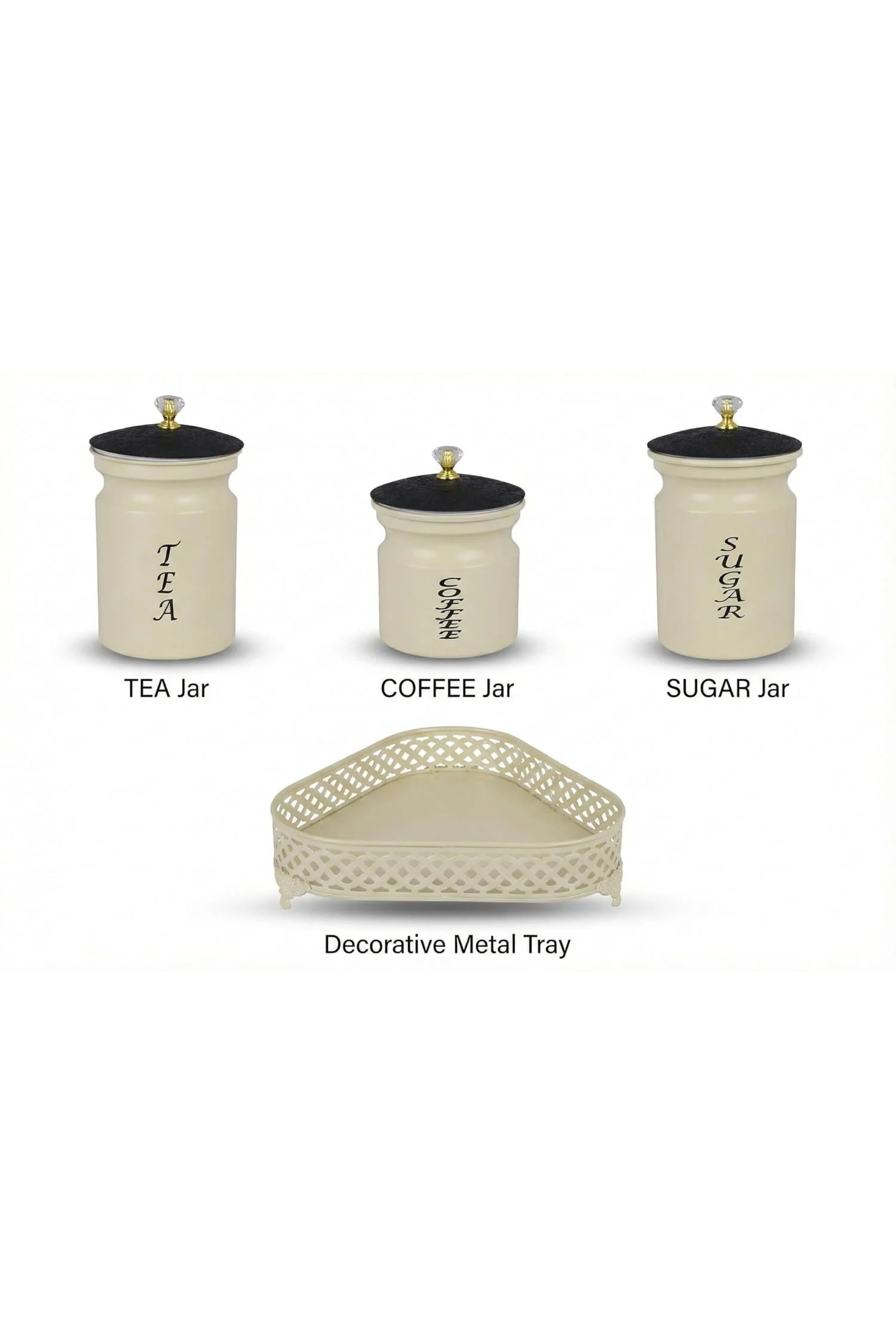 Premium Metal Tea Coffee Sugar Container Set of 3 with Stand Holder | Cream Finish Airtight Kitchen Storage Jars | Luxury Organizer for Home & Kitchen