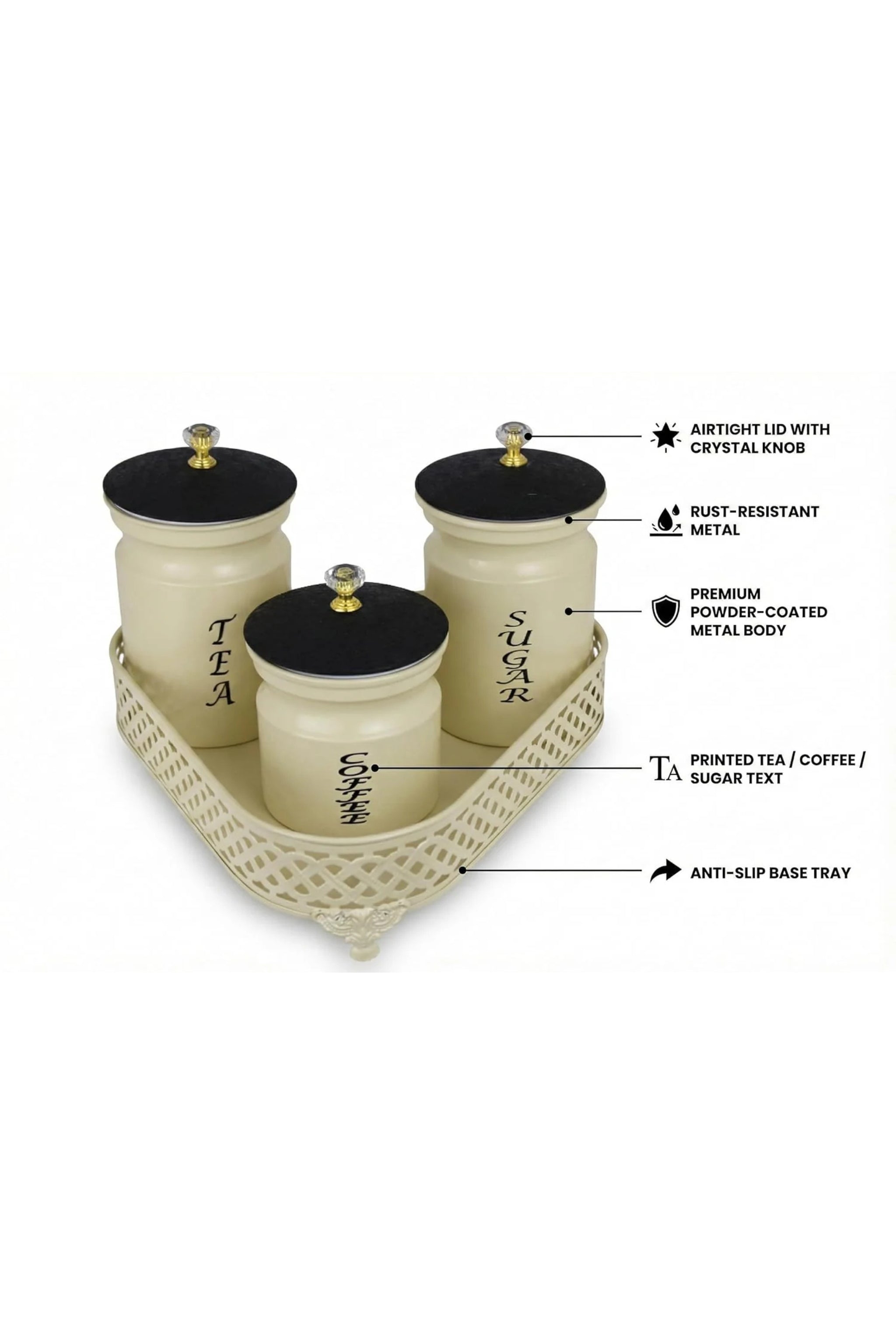 Premium Metal Tea Coffee Sugar Container Set of 3 with Stand Holder | Cream Finish Airtight Kitchen Storage Jars | Luxury Organizer for Home & Kitchen