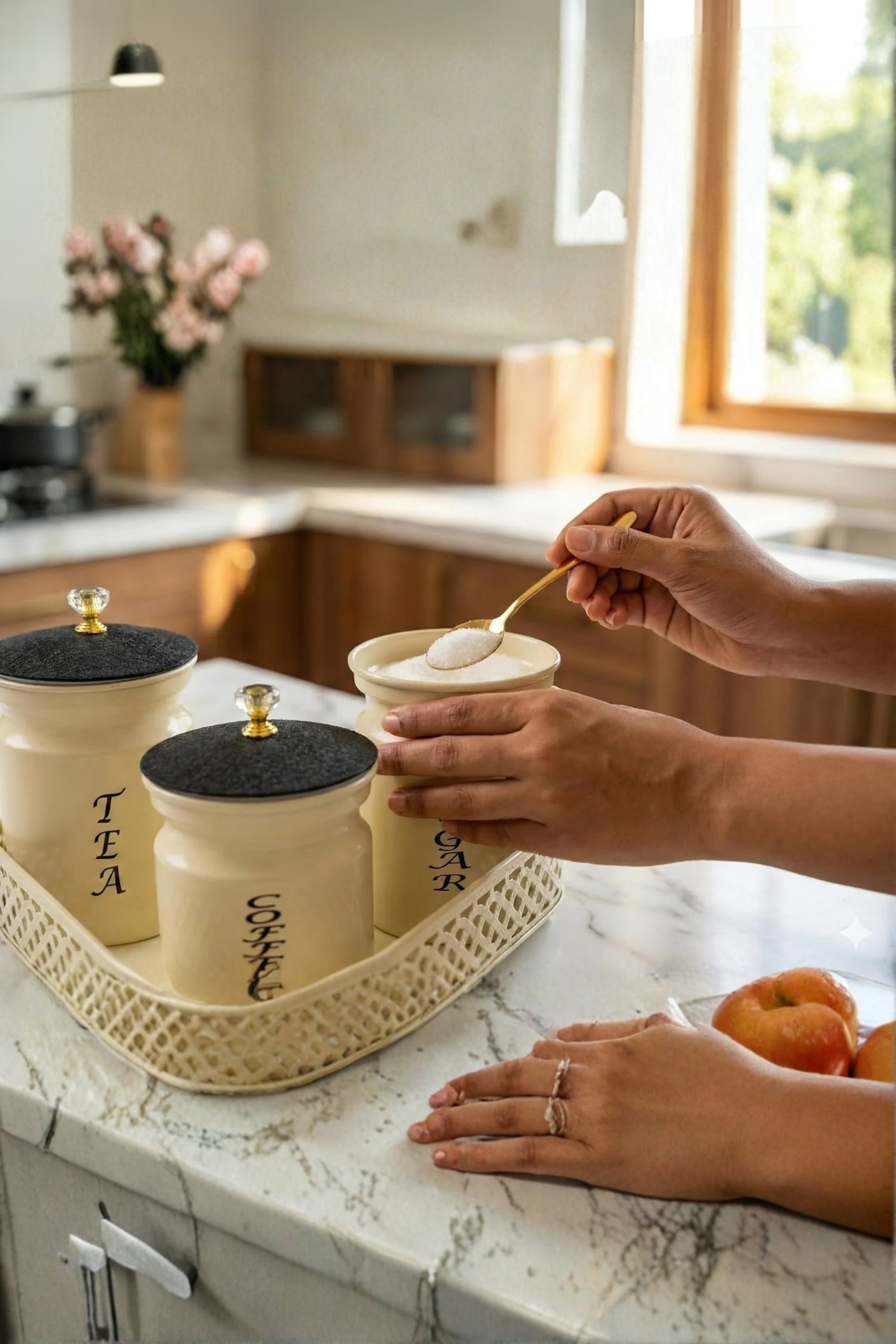 Premium Metal Tea Coffee Sugar Container Set of 3 with Stand Holder | Cream Finish Airtight Kitchen Storage Jars | Luxury Organizer for Home & Kitchen