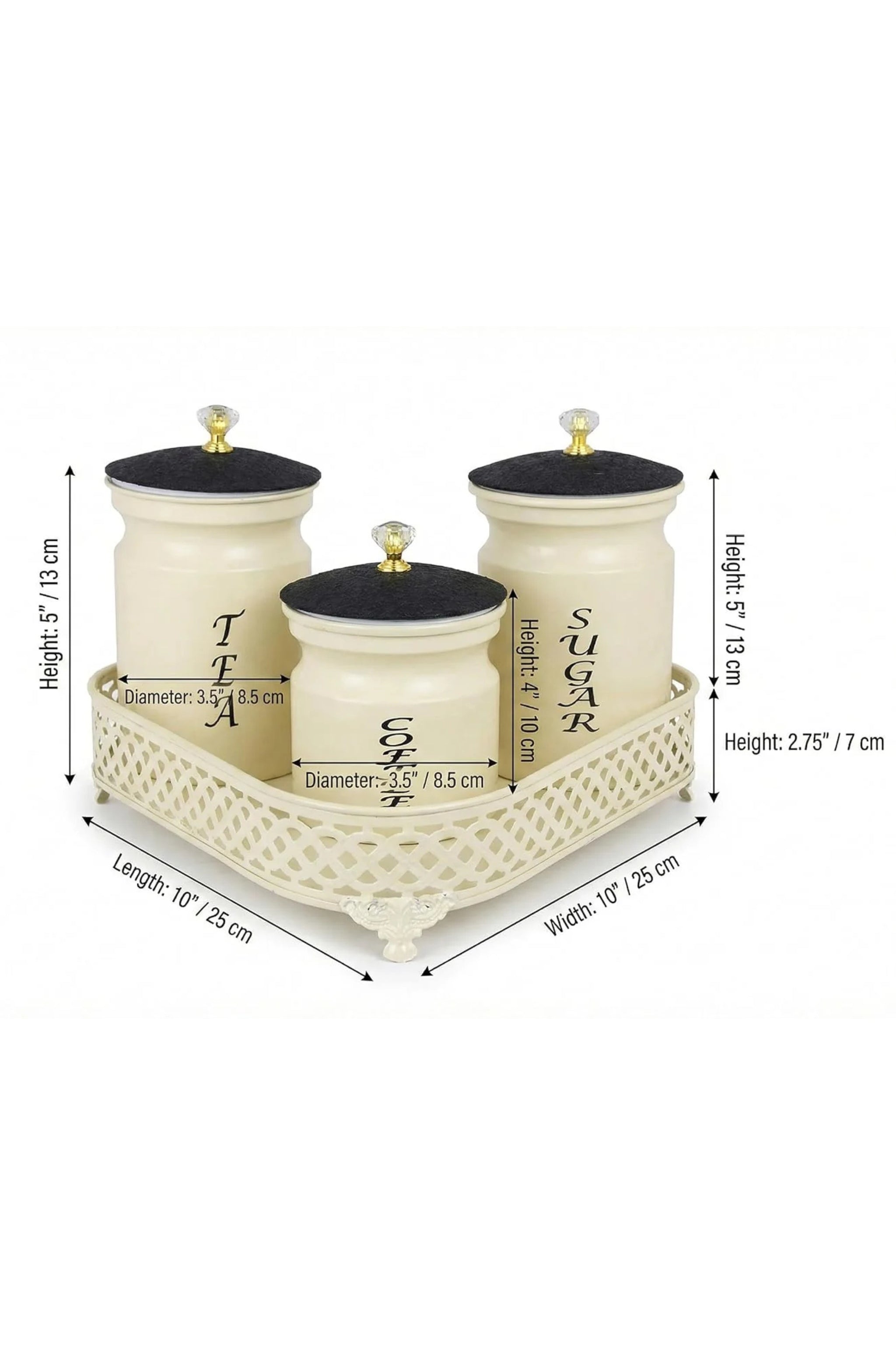 Premium Metal Tea Coffee Sugar Container Set of 3 with Stand Holder | Cream Finish Airtight Kitchen Storage Jars | Luxury Organizer for Home & Kitchen