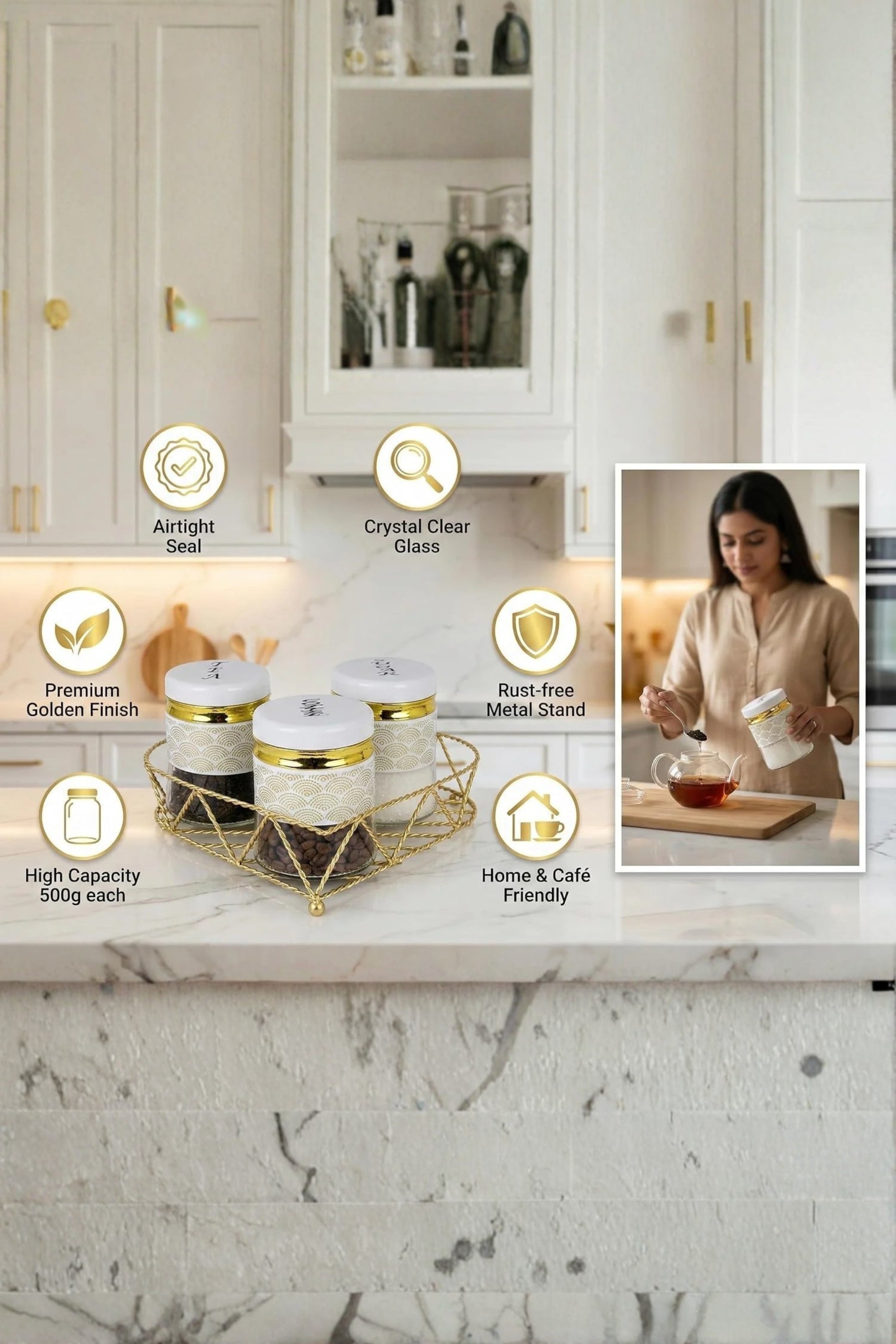 Premium Glass Tea Coffee Sugar Container Set of 3 with Golden Stand Holder | White & Gold Airtight Kitchen Storage Jars | Luxury Organizer for Home & Kitchen