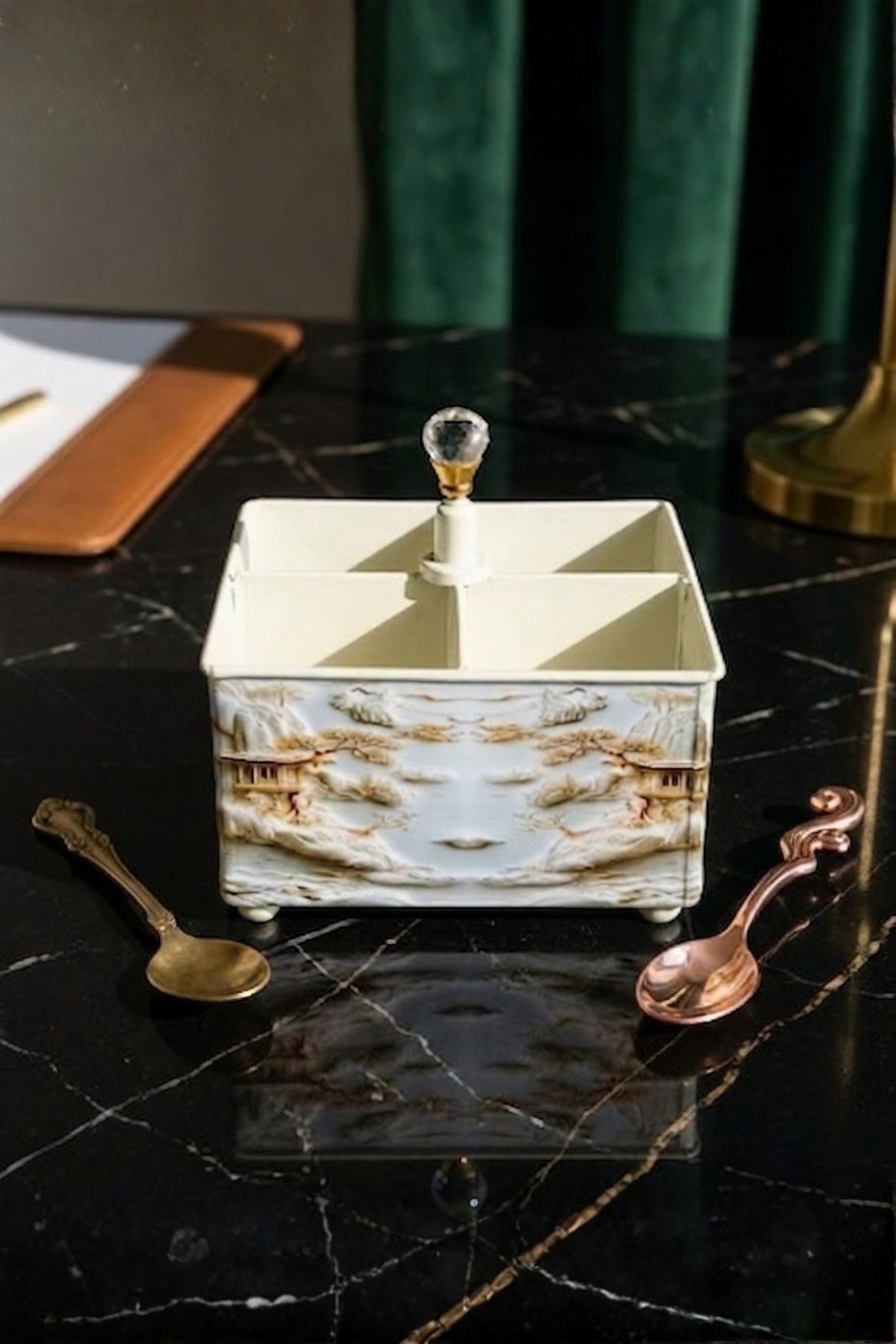 Premium Metal Cutlery & Napkin Holder | Designer Printed Galvanized Organizer with Dual Compartments | Spoon, Fork, Knife & Tissue Stand for Dining Table & Kitchen Use