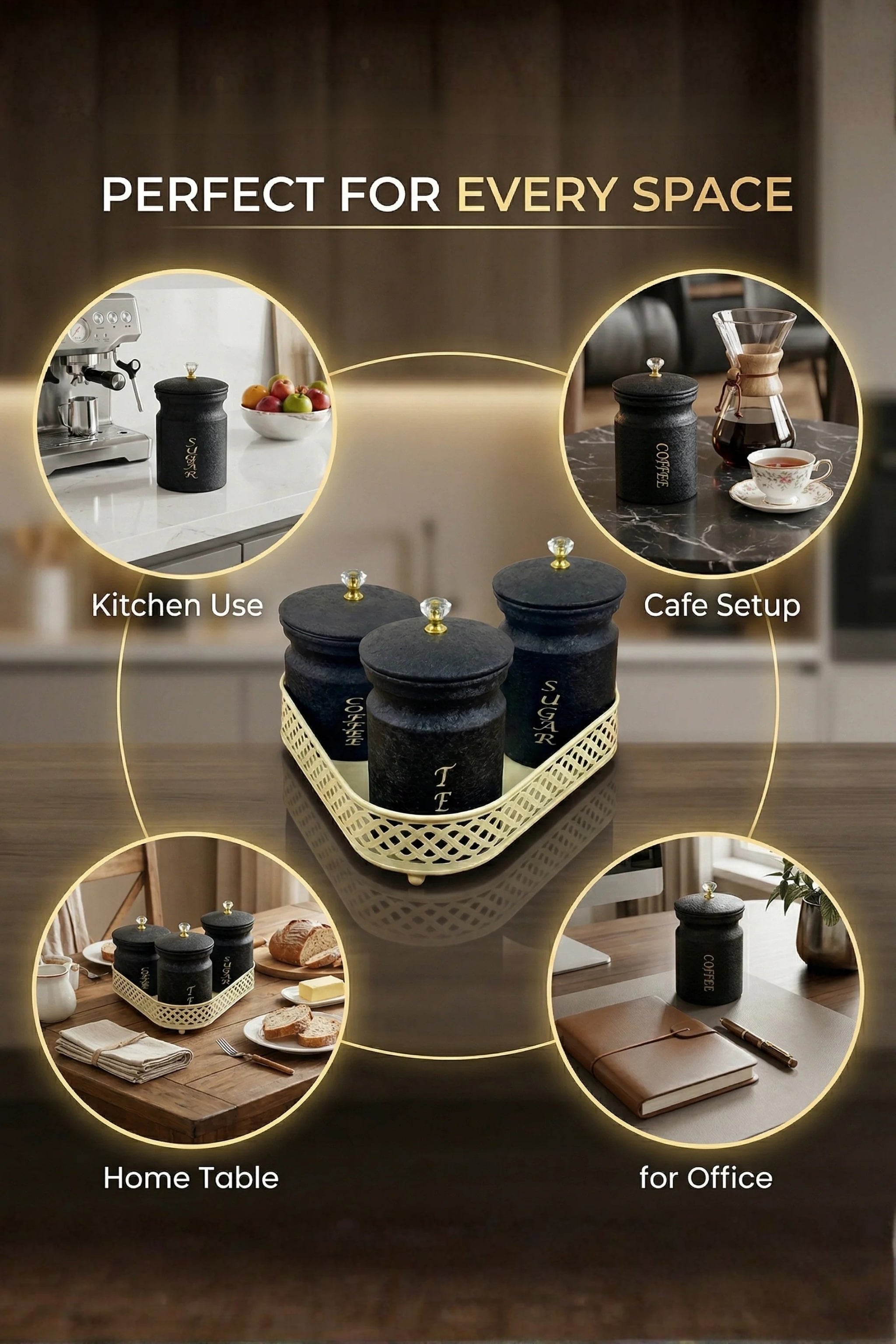Premium Metal Tea Coffee Sugar Container Set of 3 with Stand Holder | Black Finish Airtight Kitchen Storage Jars | Luxury Organizer for Home & Kitchen