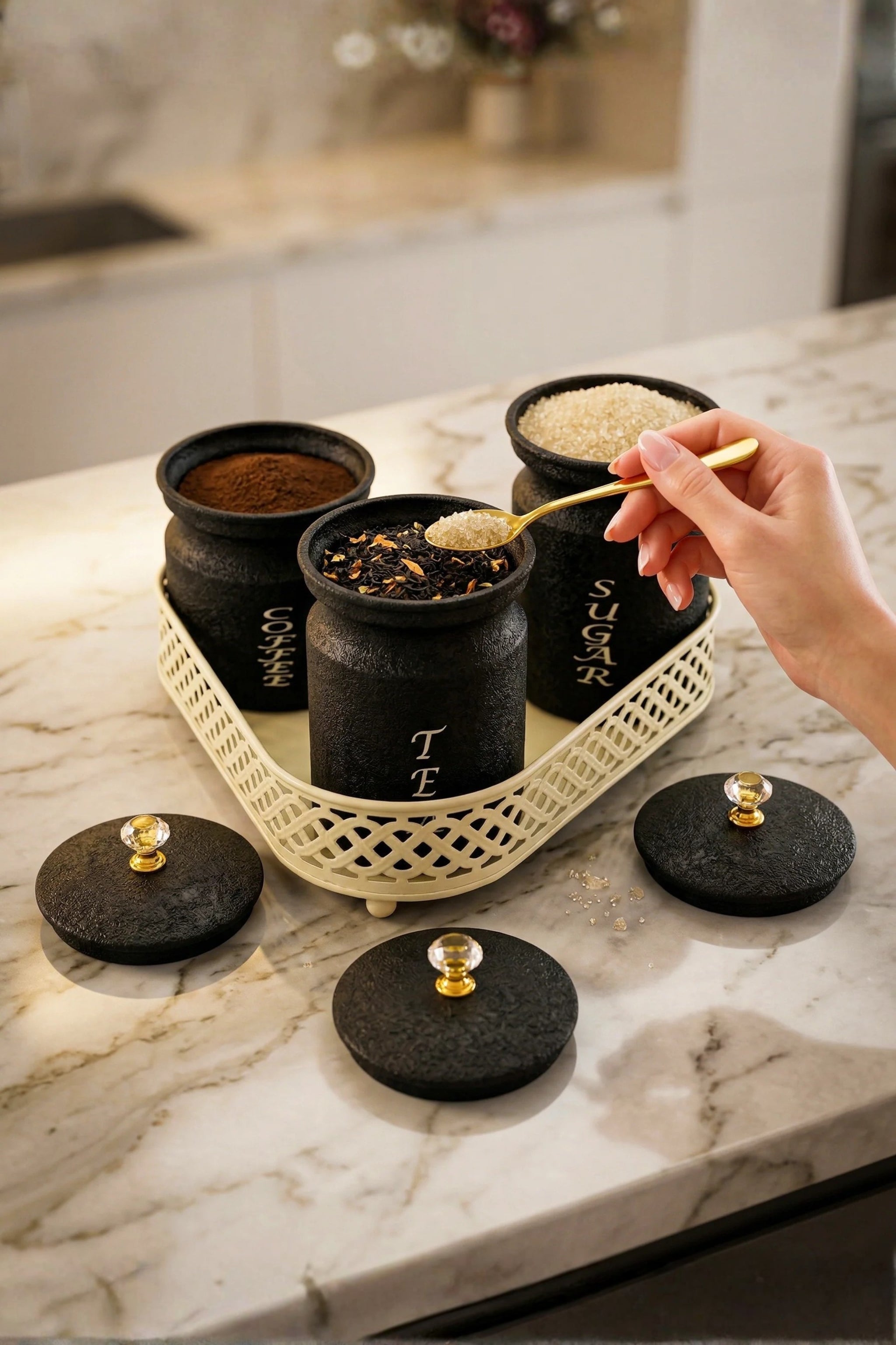 Premium Metal Tea Coffee Sugar Container Set of 3 with Stand Holder | Black Finish Airtight Kitchen Storage Jars | Luxury Organizer for Home & Kitchen