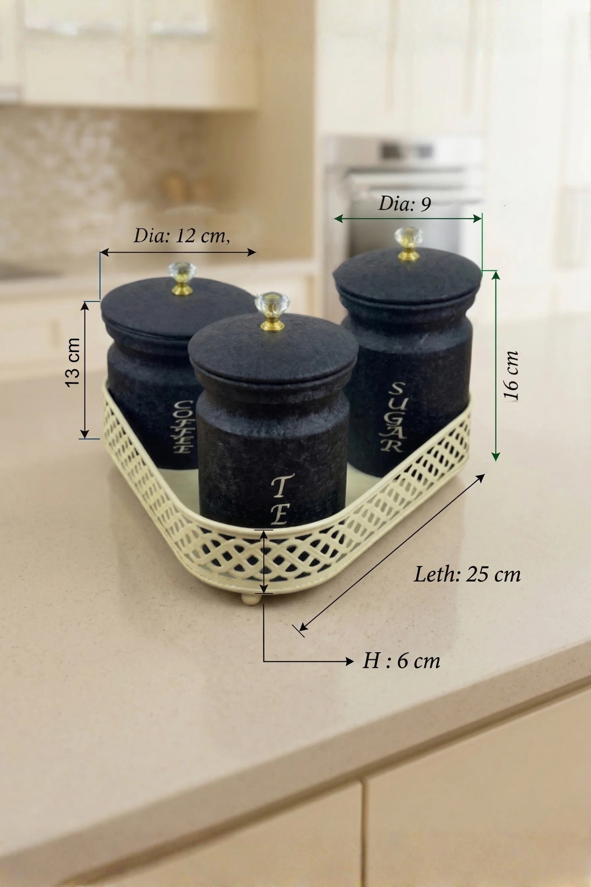 Premium Metal Tea Coffee Sugar Container Set of 3 with Stand Holder | Black Finish Airtight Kitchen Storage Jars | Luxury Organizer for Home & Kitchen