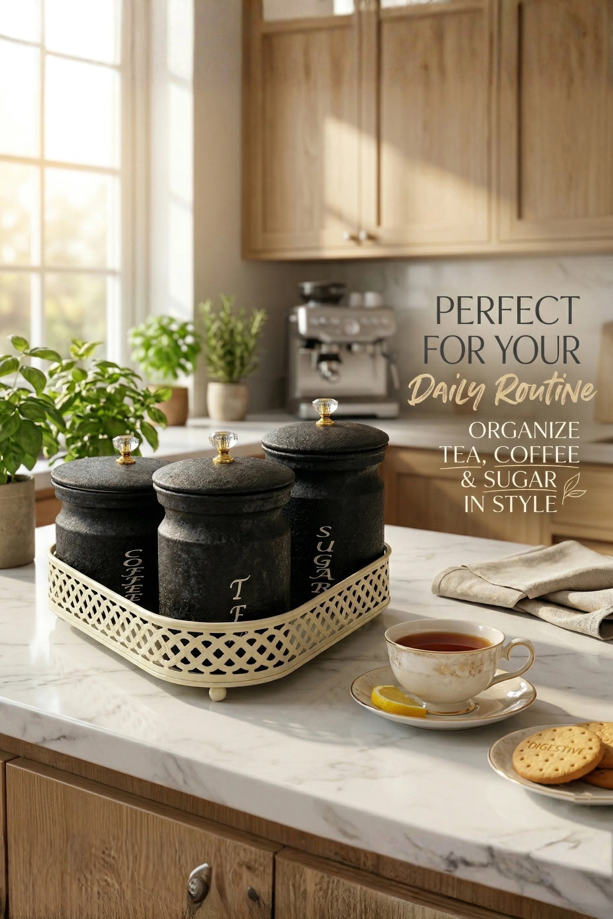 Premium Metal Tea Coffee Sugar Container Set of 3 with Stand Holder | Black Finish Airtight Kitchen Storage Jars | Luxury Organizer for Home & Kitchen