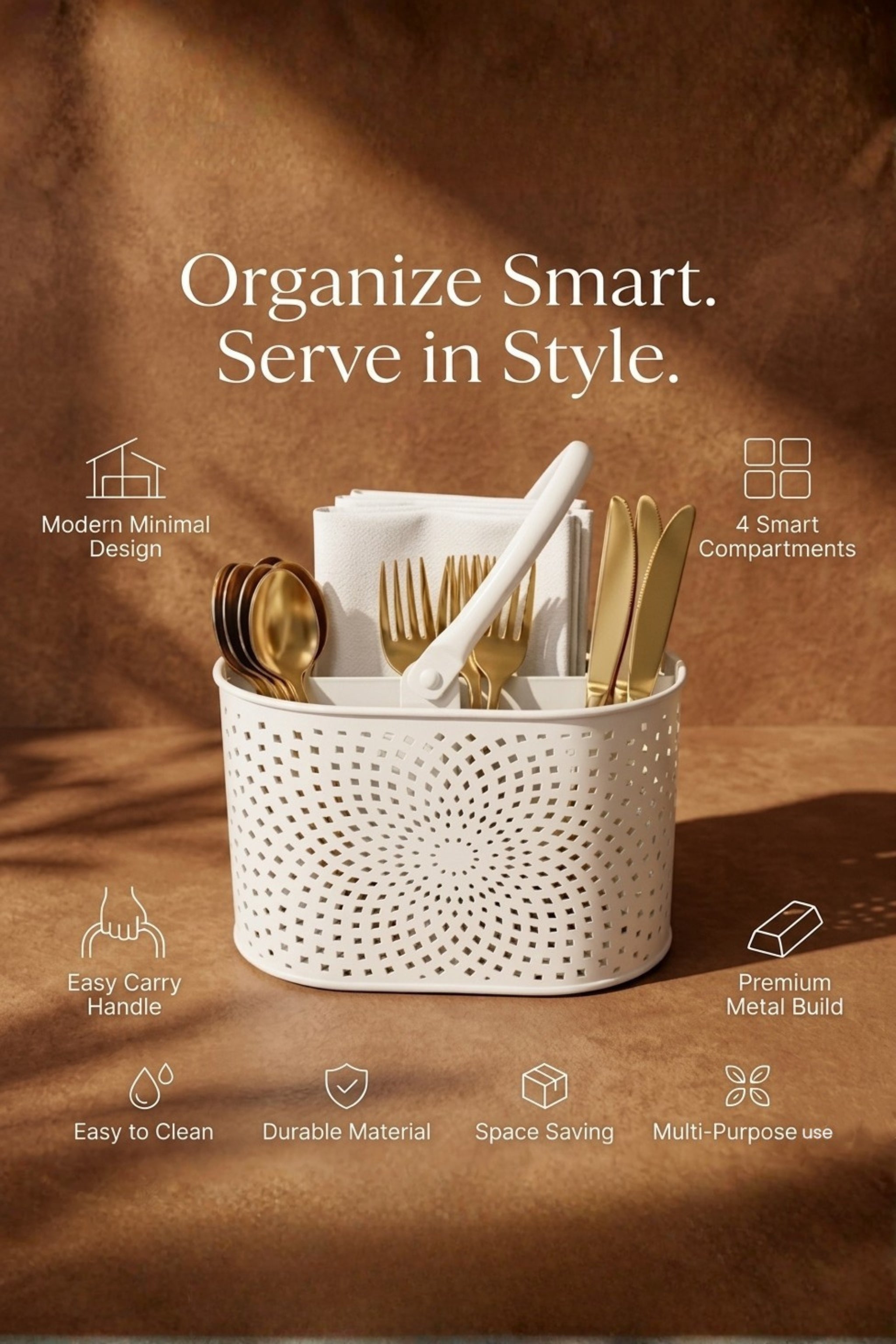 Premium Metal Cutlery Holder with Handle | 4 Compartment Utensil Caddy Basket Organizer | Portable Spoon, Fork, Knife & Napkin Stand for Kitchen, Dining Table & Home Storage