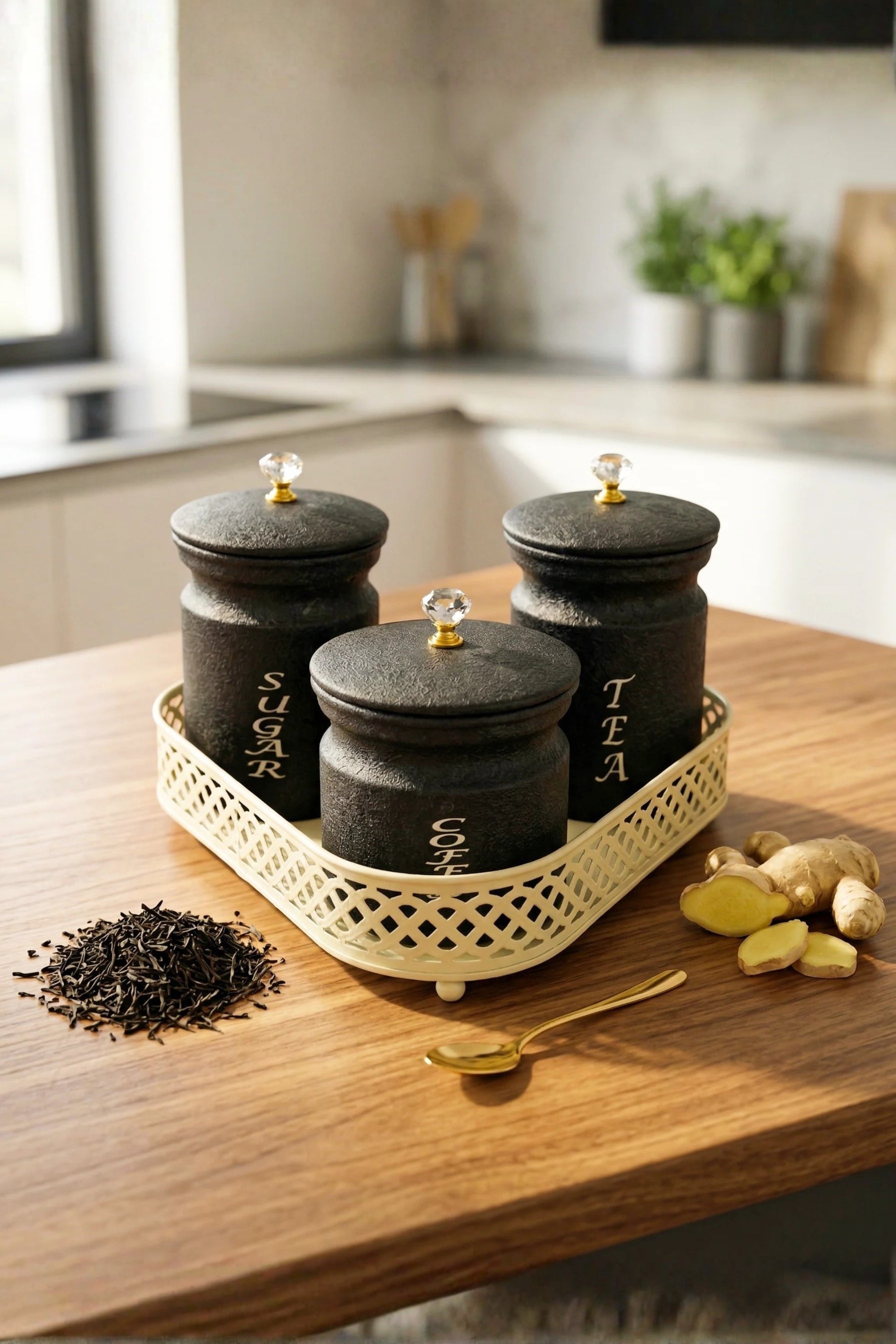 Premium Metal Tea Coffee Sugar Container Set of 3 with Stand Holder | Black Finish Airtight Kitchen Storage Jars | Luxury Organizer for Home & Kitchen