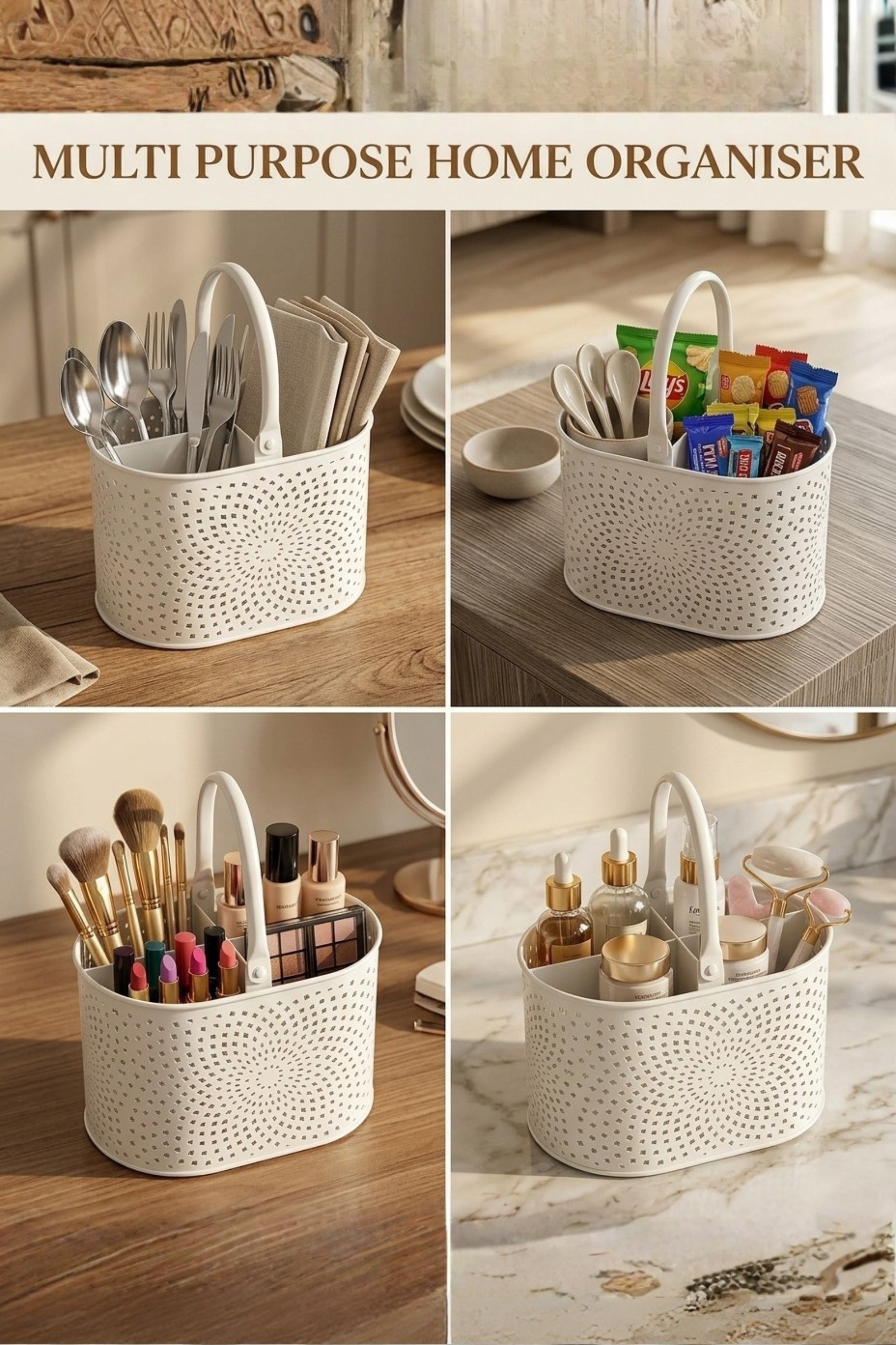 Premium Metal Cutlery Holder with Handle | 4 Compartment Utensil Caddy Basket Organizer | Portable Spoon, Fork, Knife & Napkin Stand for Kitchen, Dining Table & Home Storage