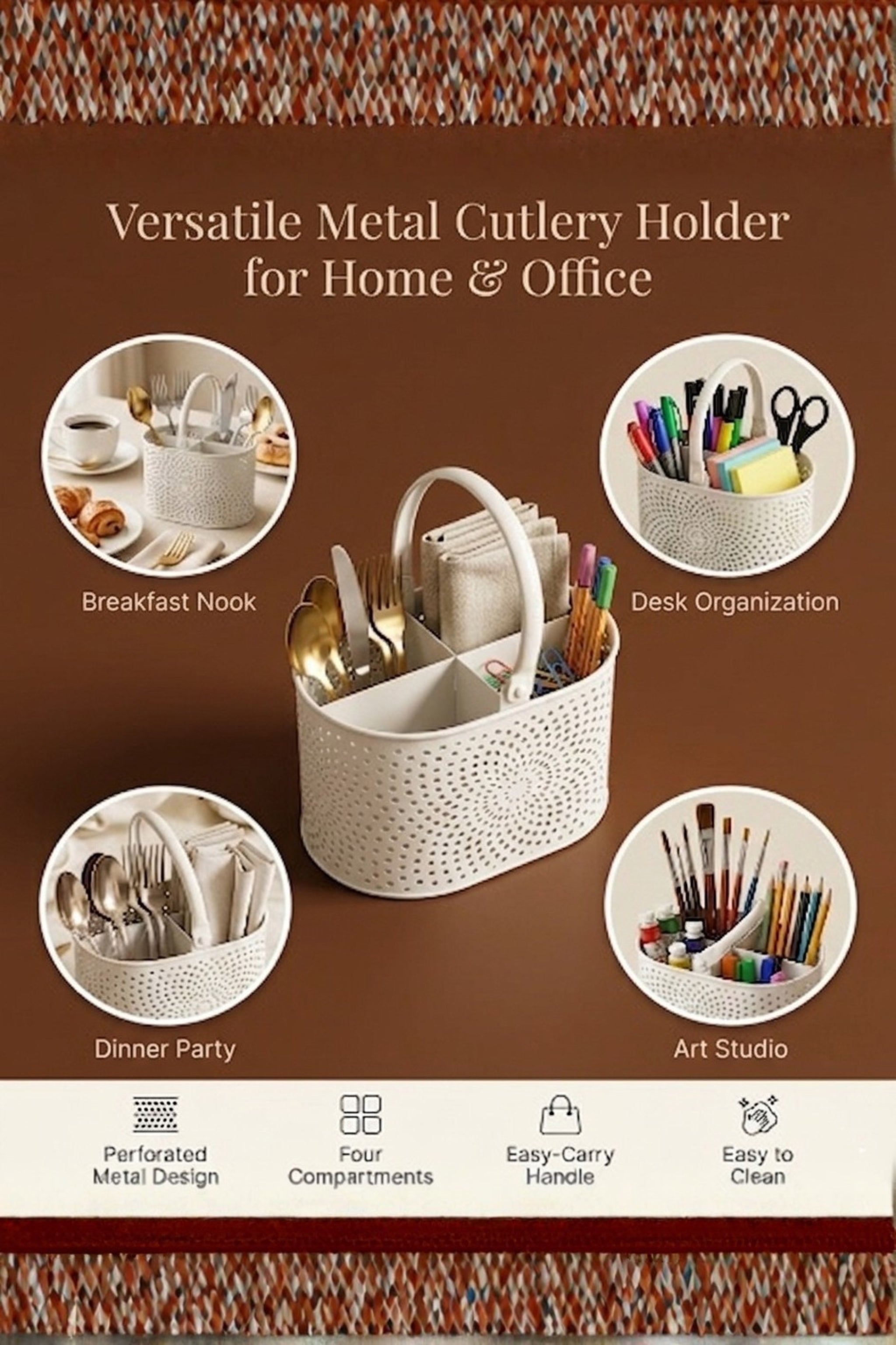 Premium Metal Cutlery Holder with Handle | 4 Compartment Utensil Caddy Basket Organizer | Portable Spoon, Fork, Knife & Napkin Stand for Kitchen, Dining Table & Home Storage