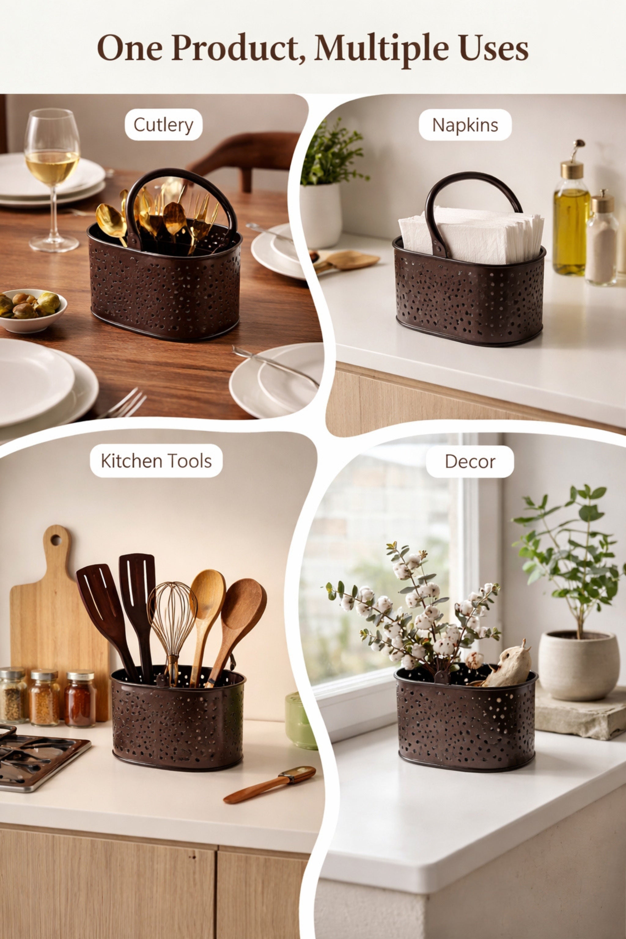 Premium Metal Cutlery Holder with Handle | 4 Compartment Utensil Caddy Basket Organizer | Portable Spoon, Fork, Knife & Napkin Stand for Kitchen, Dining Table & Home Storage