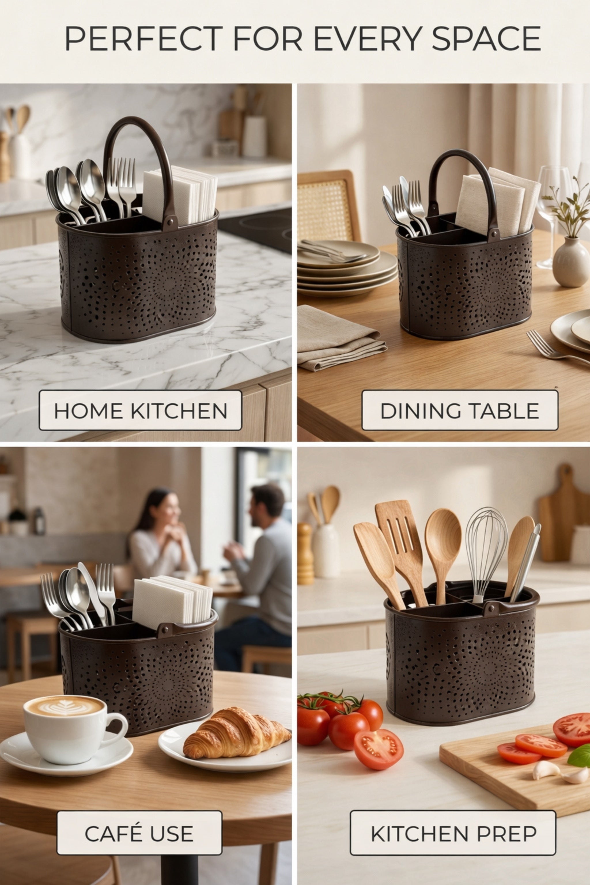Premium Metal Cutlery Holder with Handle | 4 Compartment Utensil Caddy Basket Organizer | Portable Spoon, Fork, Knife & Napkin Stand for Kitchen, Dining Table & Home Storage