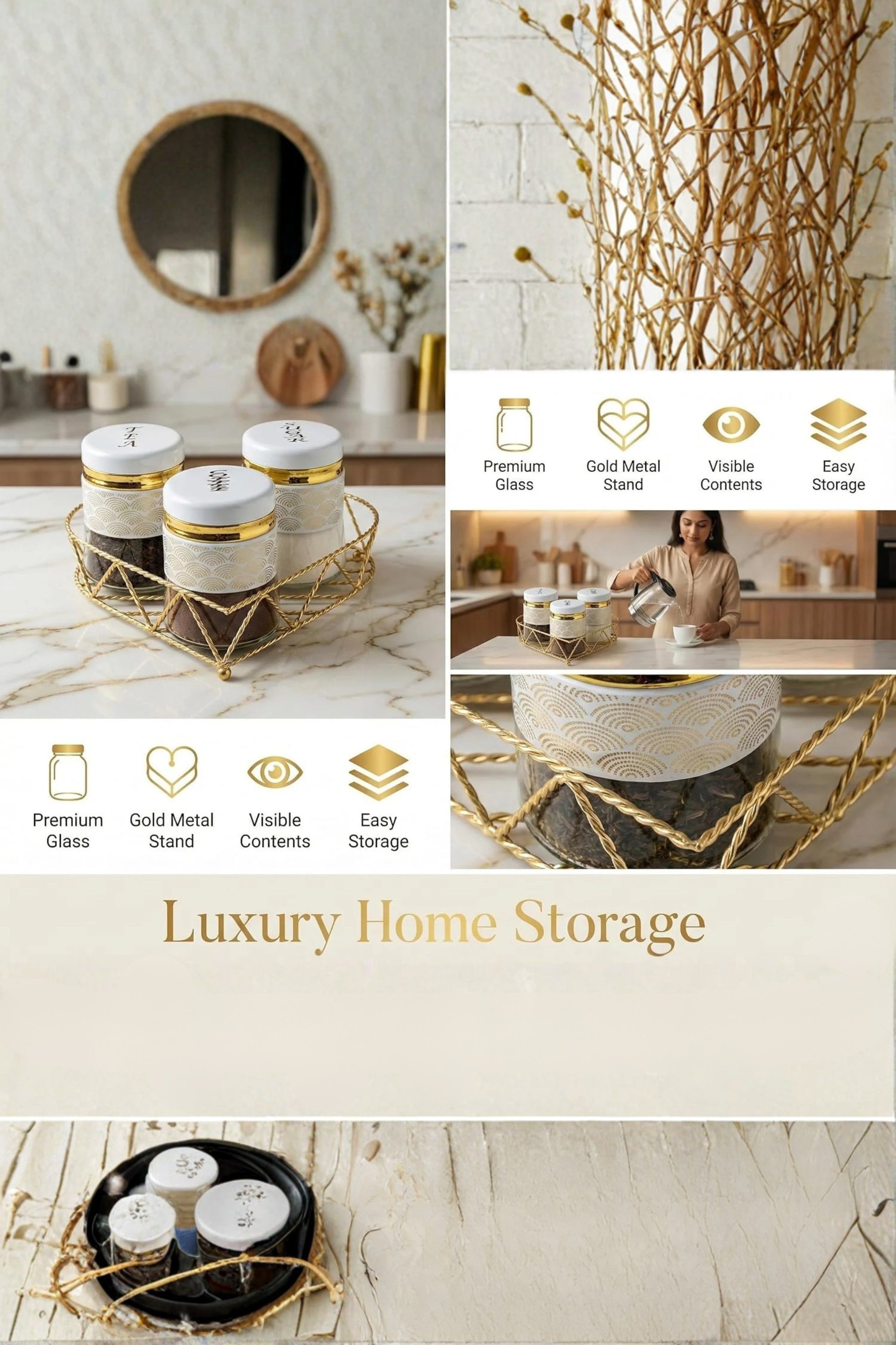 Premium Glass Tea Coffee Sugar Container Set of 3 with Golden Stand Holder | White & Gold Airtight Kitchen Storage Jars | Luxury Organizer for Home & Kitchen