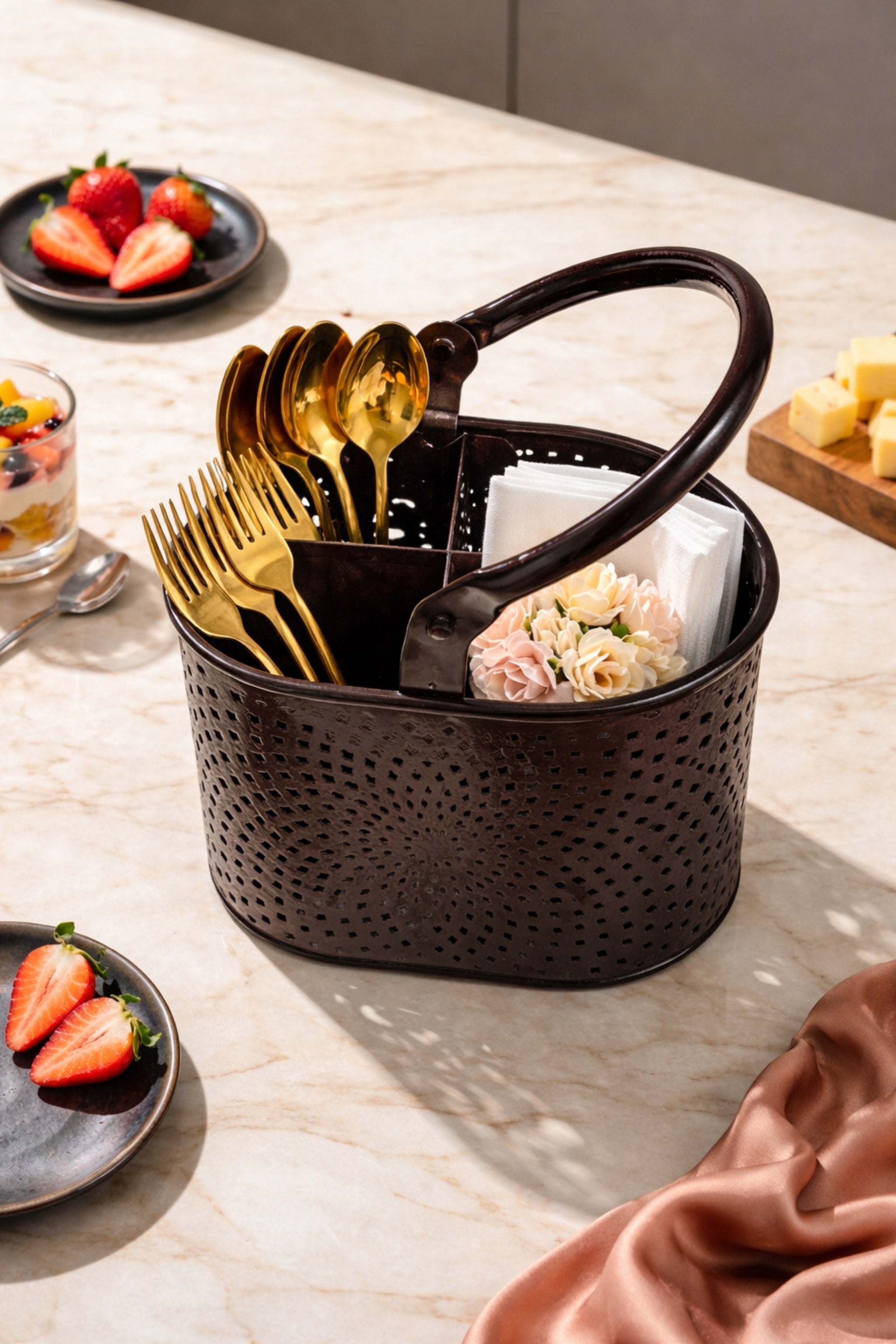 Premium Metal Cutlery Holder with Handle | 4 Compartment Utensil Caddy Basket Organizer | Portable Spoon, Fork, Knife & Napkin Stand for Kitchen, Dining Table & Home Storage