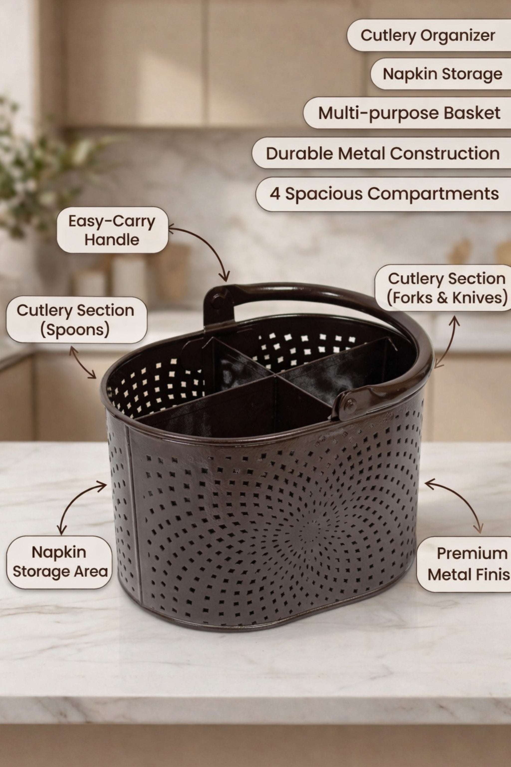 Premium Metal Cutlery Holder with Handle | 4 Compartment Utensil Caddy Basket Organizer | Portable Spoon, Fork, Knife & Napkin Stand for Kitchen, Dining Table & Home Storage