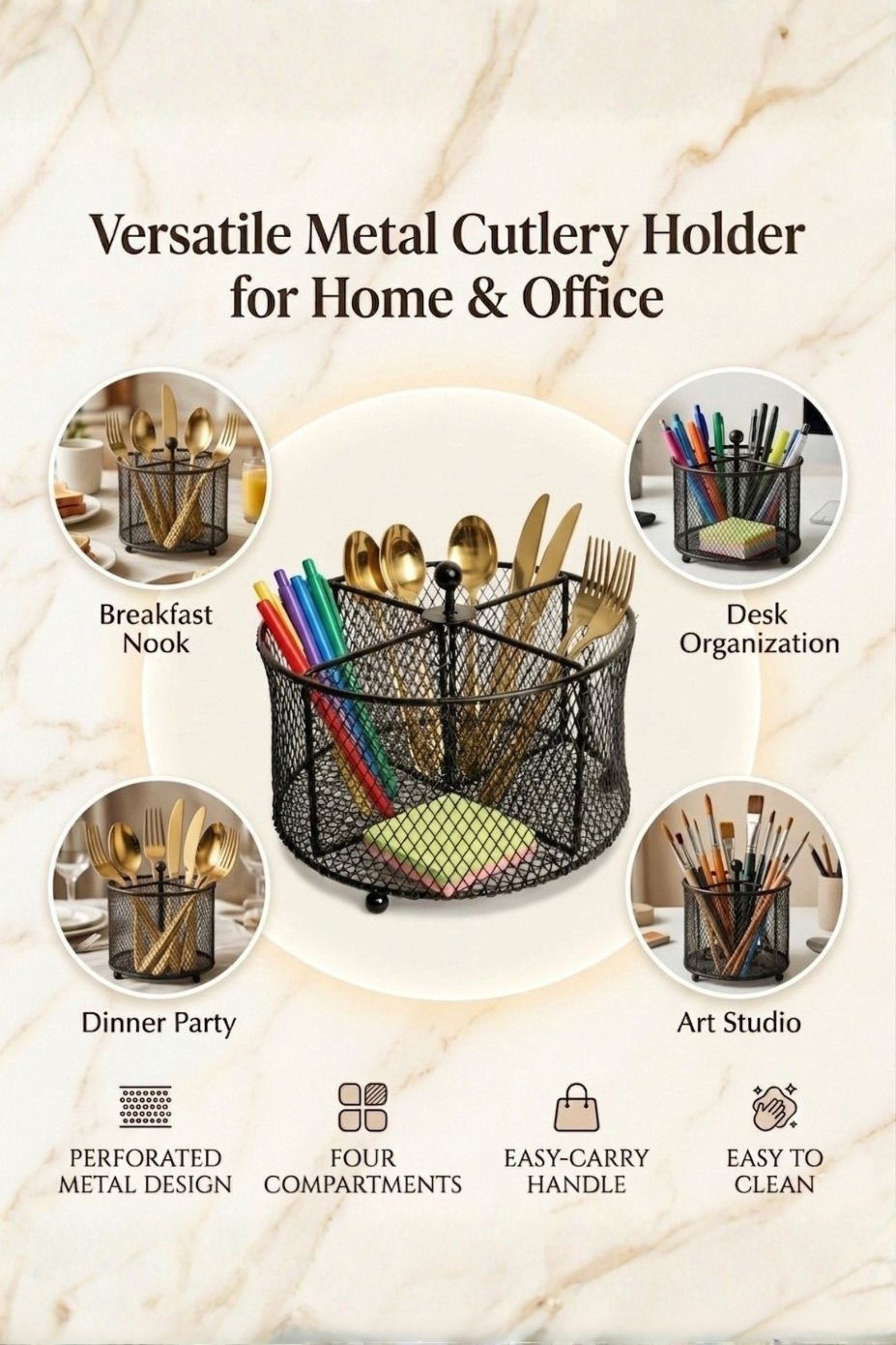 Premium Metal Cutlery Holder with Handle | 4 Compartment Utensil Caddy Basket Organizer | Portable Spoon, Fork, Knife & Napkin Stand for Kitchen, Dining Table & Home Storage