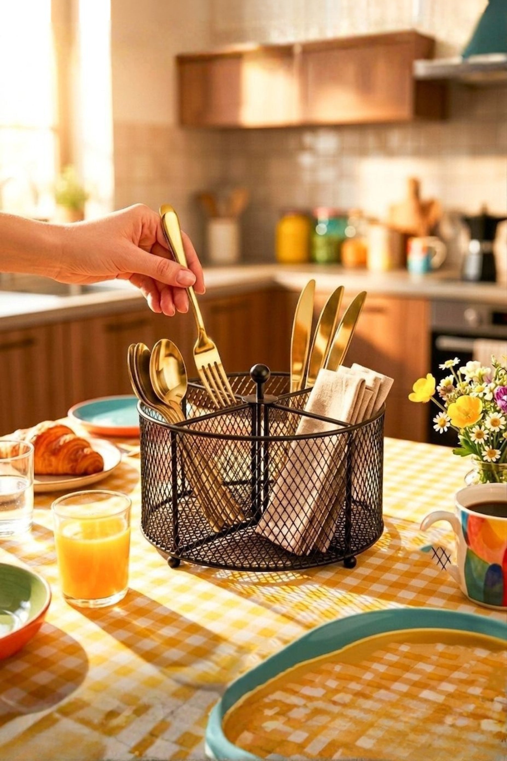 Premium Metal Cutlery Holder with Handle | 4 Compartment Utensil Caddy Basket Organizer | Portable Spoon, Fork, Knife & Napkin Stand for Kitchen, Dining Table & Home Storage