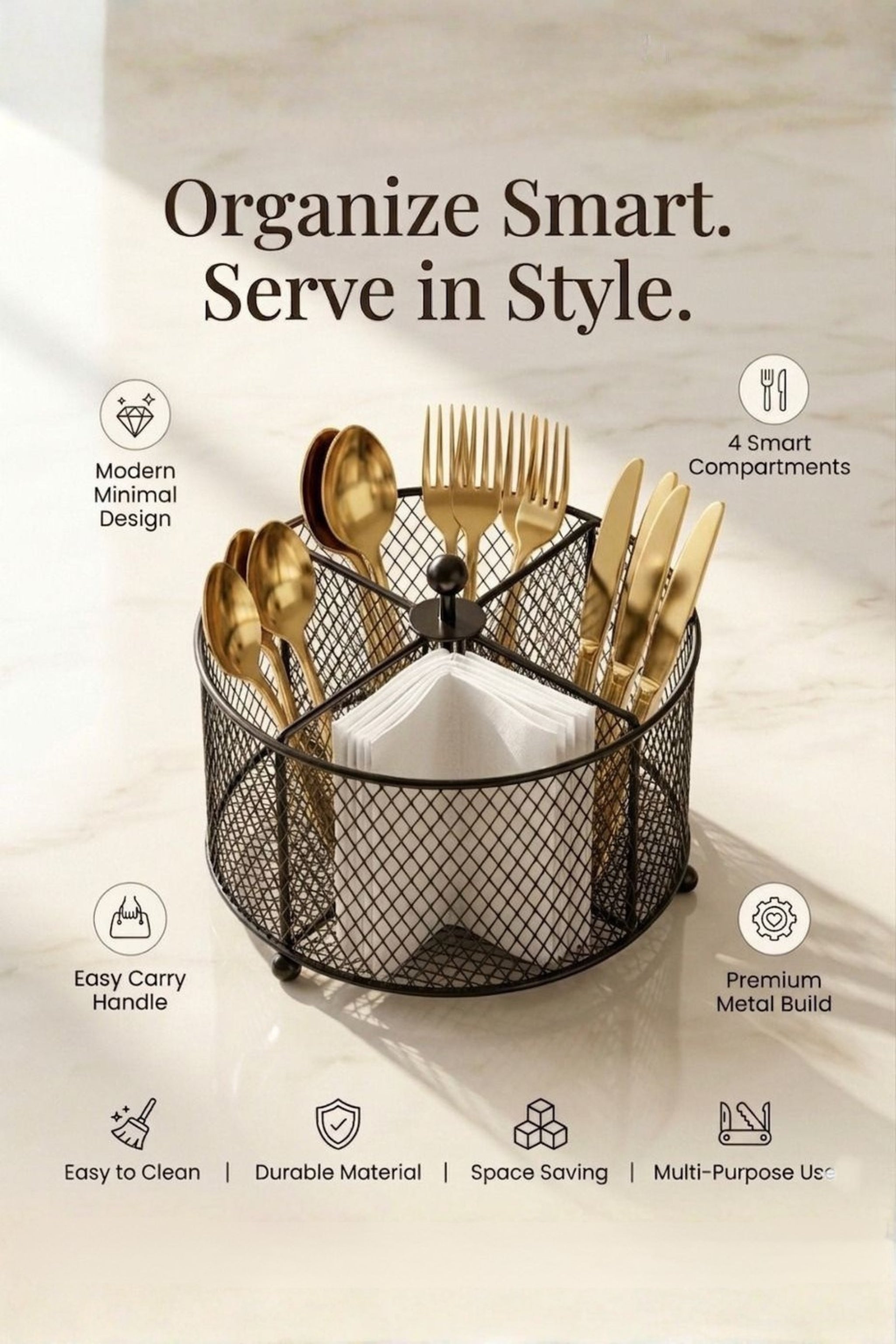 Premium Metal Cutlery Holder with Handle | 4 Compartment Utensil Caddy Basket Organizer | Portable Spoon, Fork, Knife & Napkin Stand for Kitchen, Dining Table & Home Storage