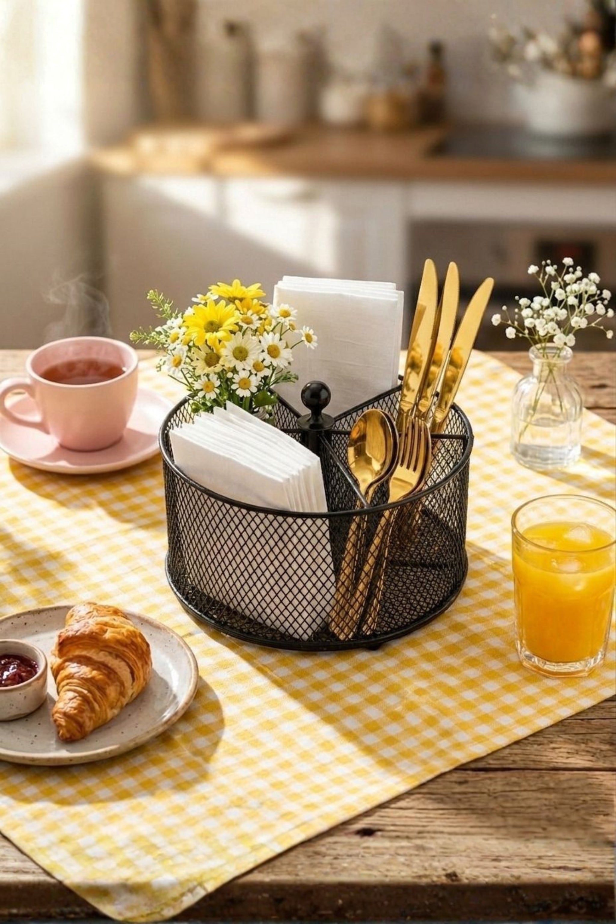 Premium Metal Cutlery Holder with Handle | 4 Compartment Utensil Caddy Basket Organizer | Portable Spoon, Fork, Knife & Napkin Stand for Kitchen, Dining Table & Home Storage