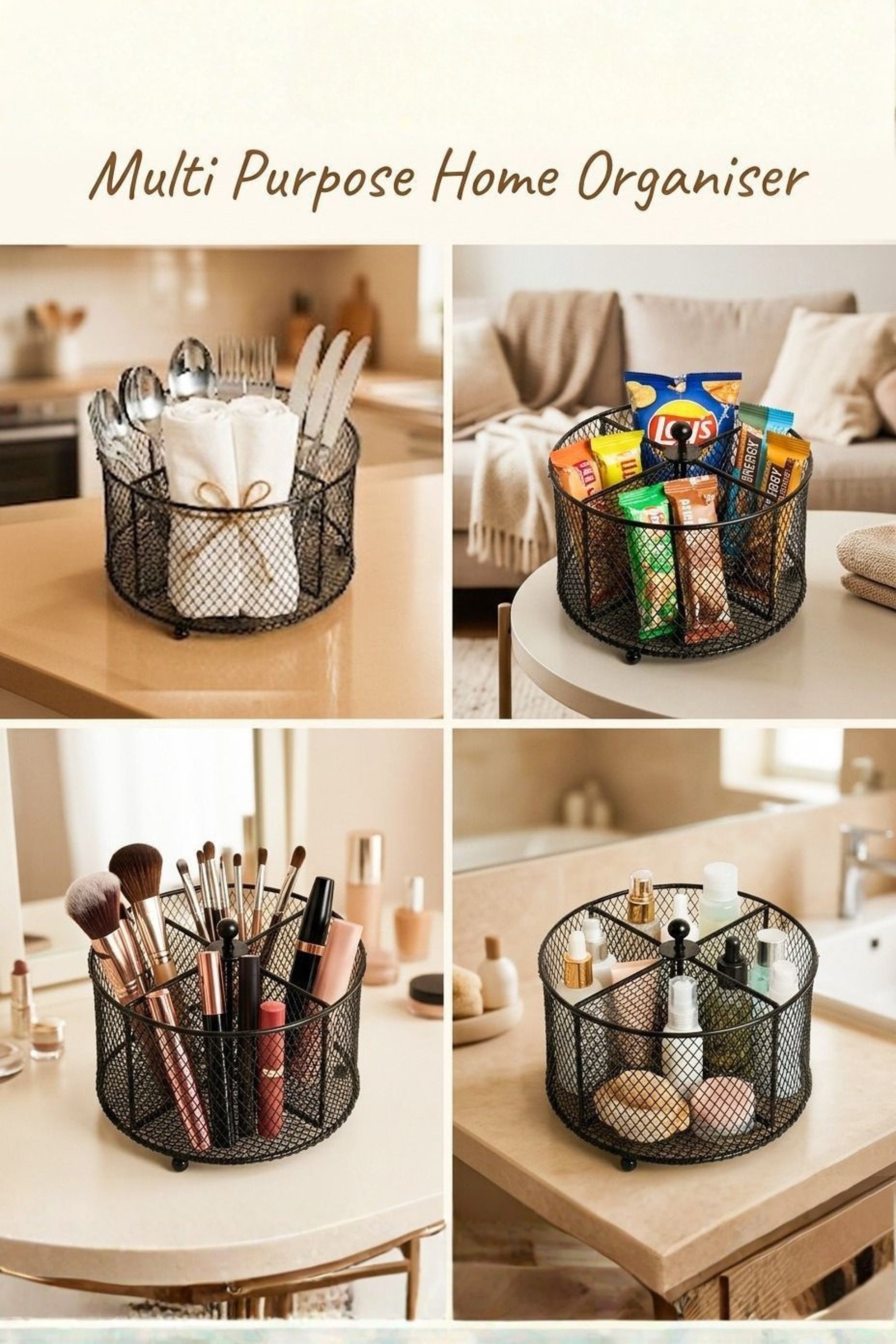 Premium Metal Cutlery Holder with Handle | 4 Compartment Utensil Caddy Basket Organizer | Portable Spoon, Fork, Knife & Napkin Stand for Kitchen, Dining Table & Home Storage