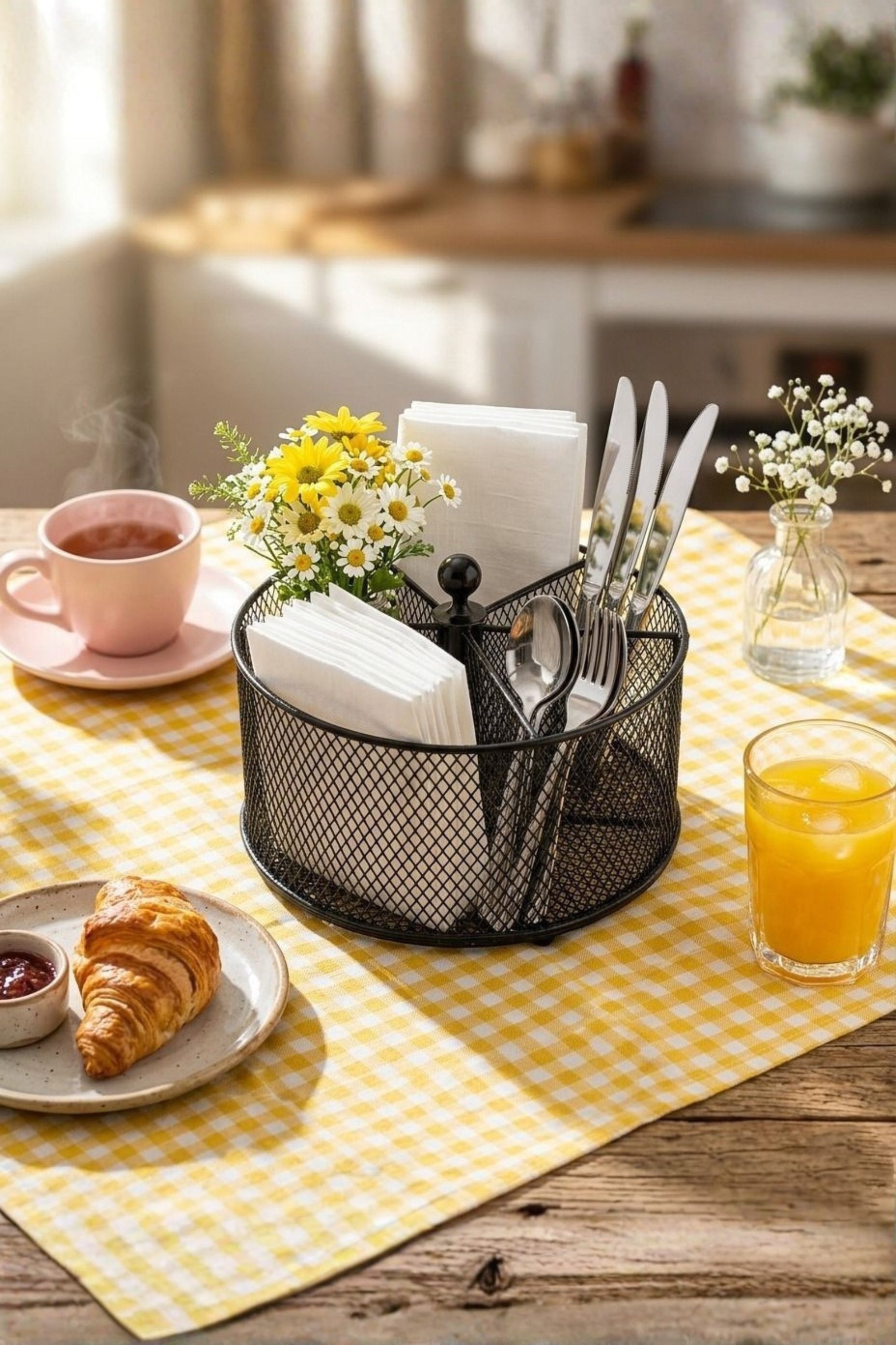 Premium Metal Cutlery Holder with Handle | 4 Compartment Utensil Caddy Basket Organizer | Portable Spoon, Fork, Knife & Napkin Stand for Kitchen, Dining Table & Home Storage