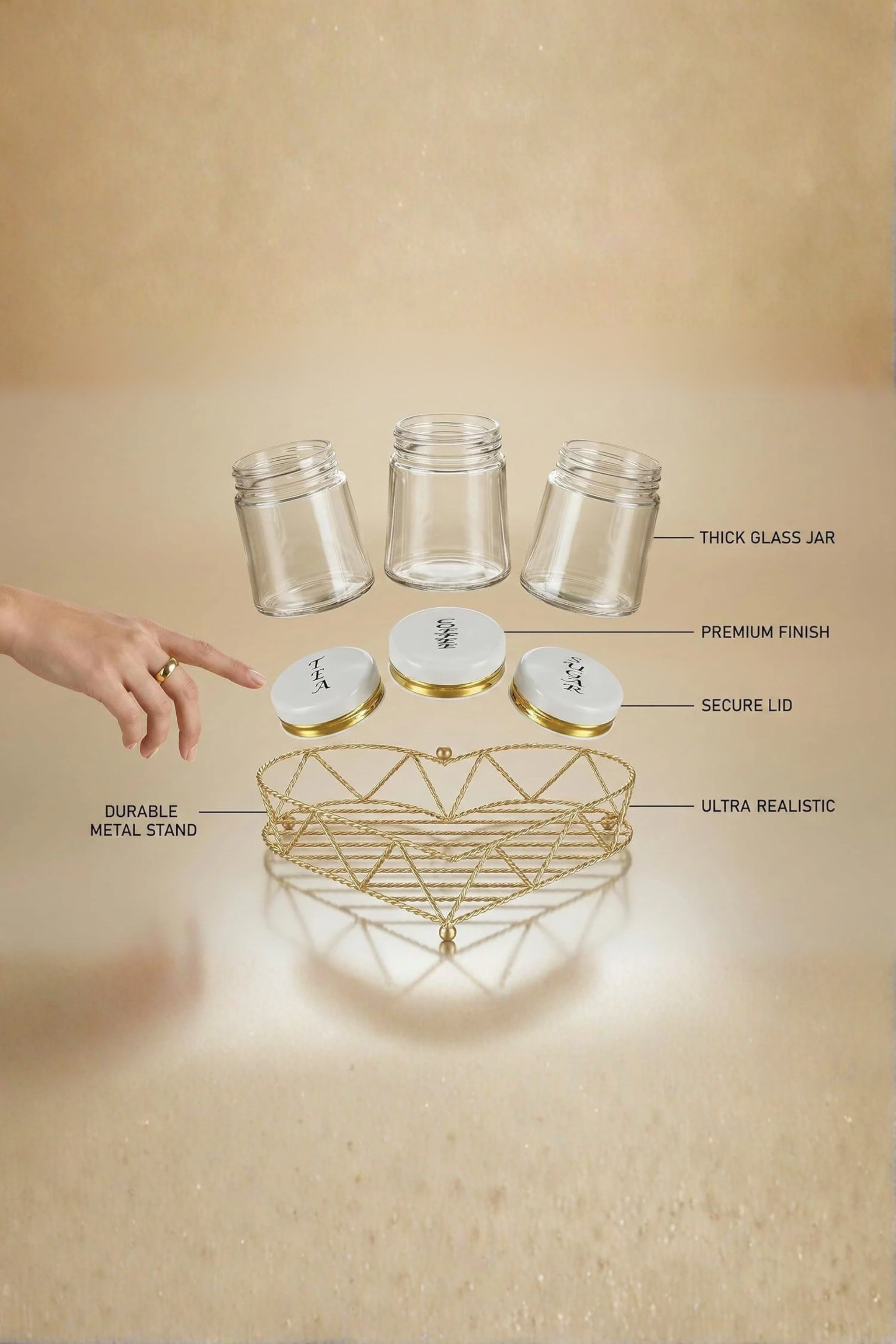 Premium Glass Tea Coffee Sugar Container Set of 3 with Golden Stand Holder | White & Gold Airtight Kitchen Storage Jars | Luxury Organizer for Home & Kitchen